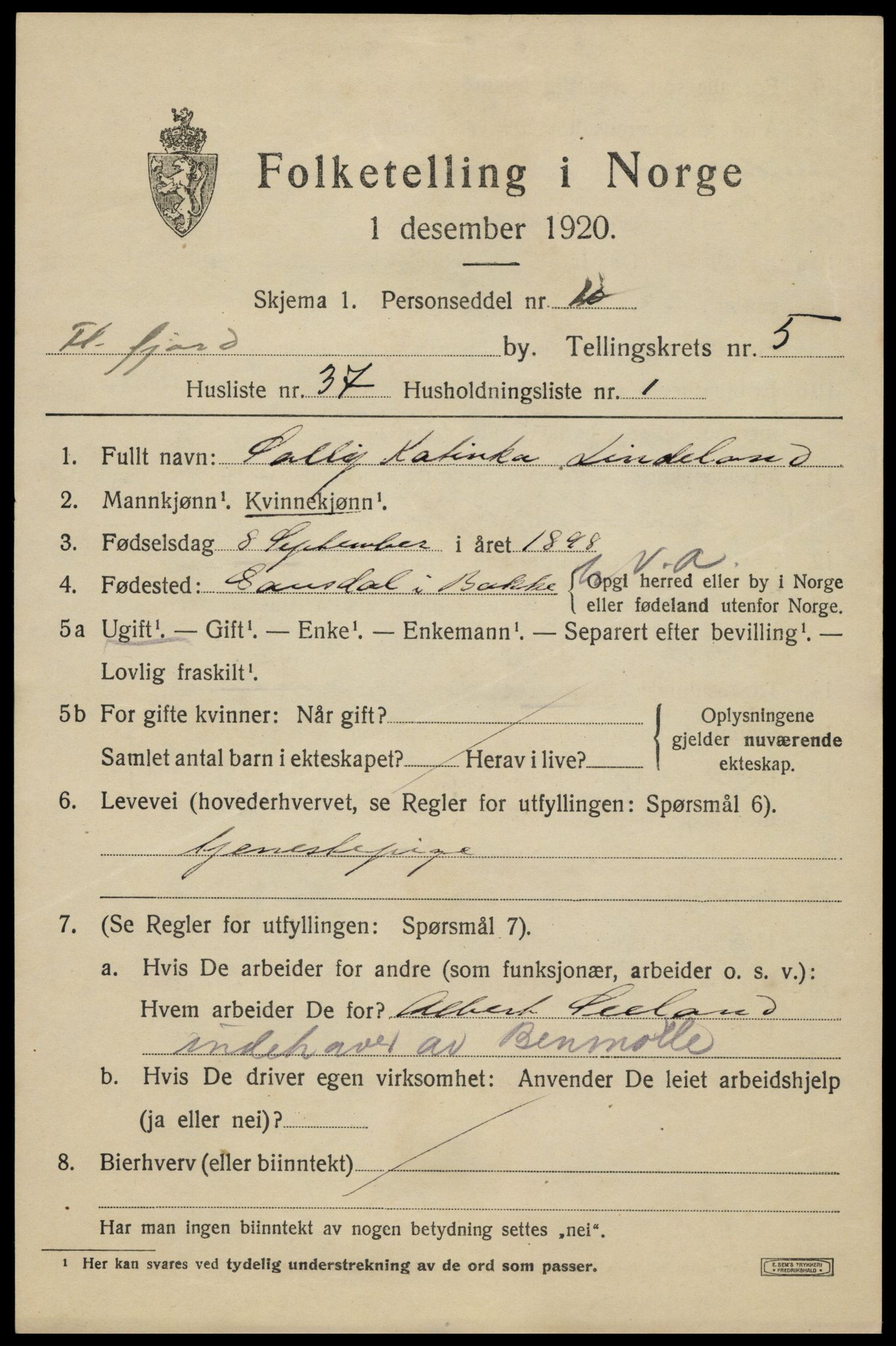 SAK, 1920 census for Flekkefjord, 1920, p. 5762