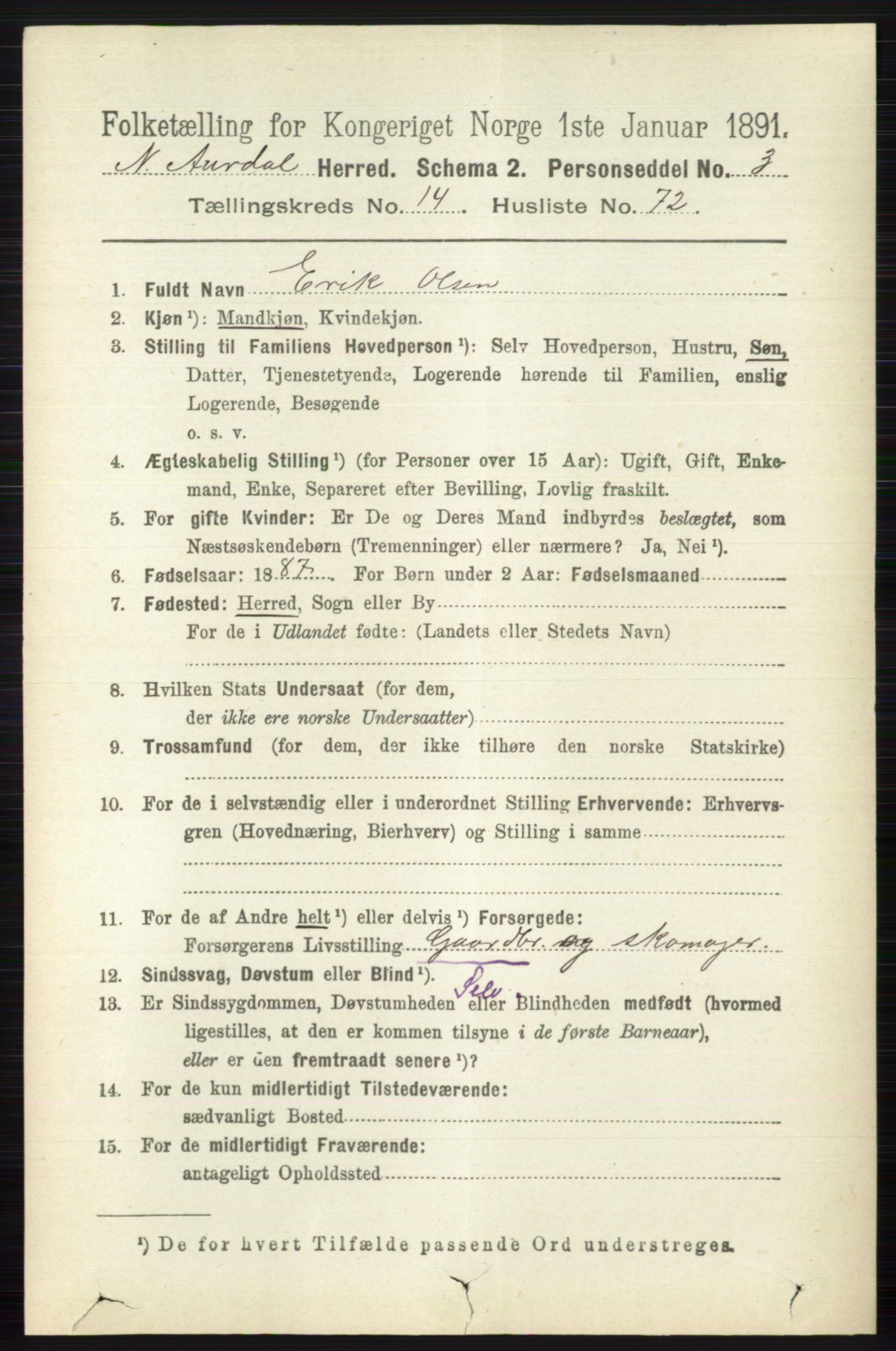 RA, 1891 census for 0542 Nord-Aurdal, 1891, p. 5662