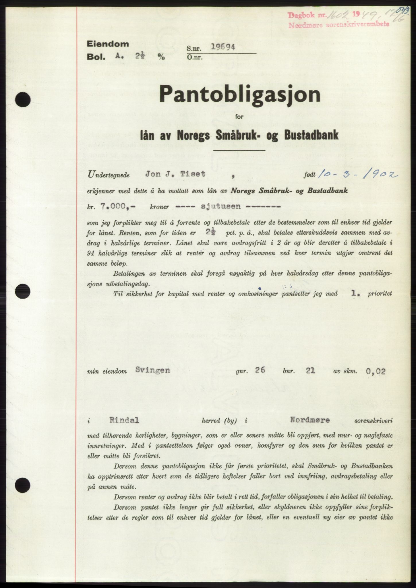 Nordmøre sorenskriveri, AV/SAT-A-4132/1/2/2Ca: Mortgage book no. B101, 1949-1949, Diary no: : 1602/1949