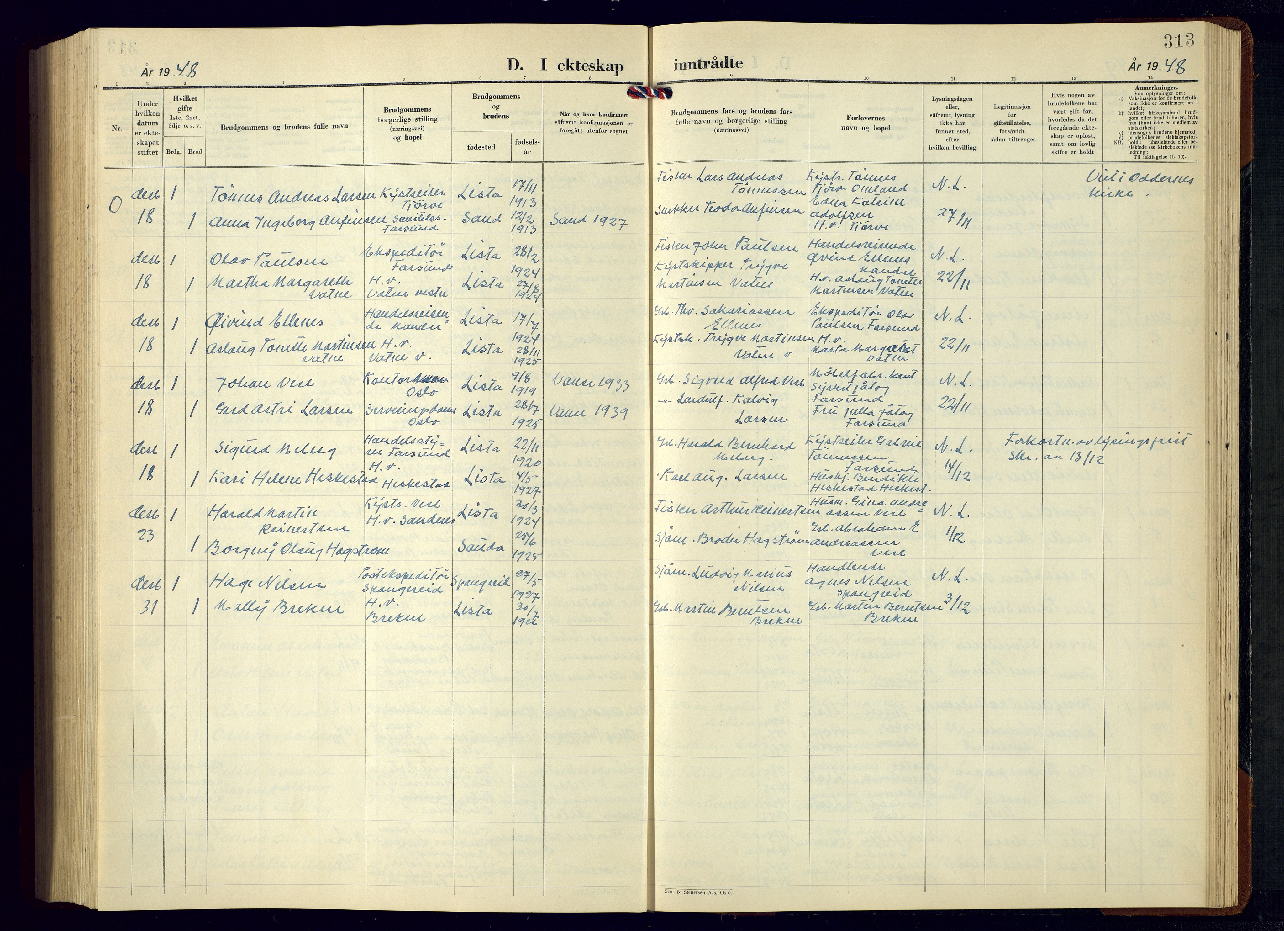 Lista sokneprestkontor, SAK/1111-0027/F/Fb/L0007: Parish register (copy) no. B 7, 1943-1970, p. 313