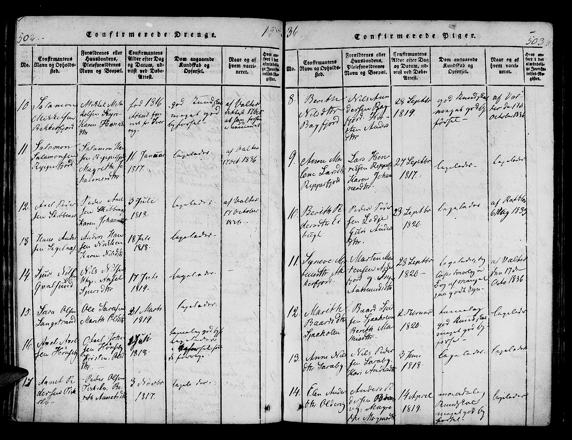 Hammerfest sokneprestkontor, AV/SATØ-S-1347/H/Ha/L0003.kirke: Parish register (official) no. 3, 1821-1842, p. 502-503