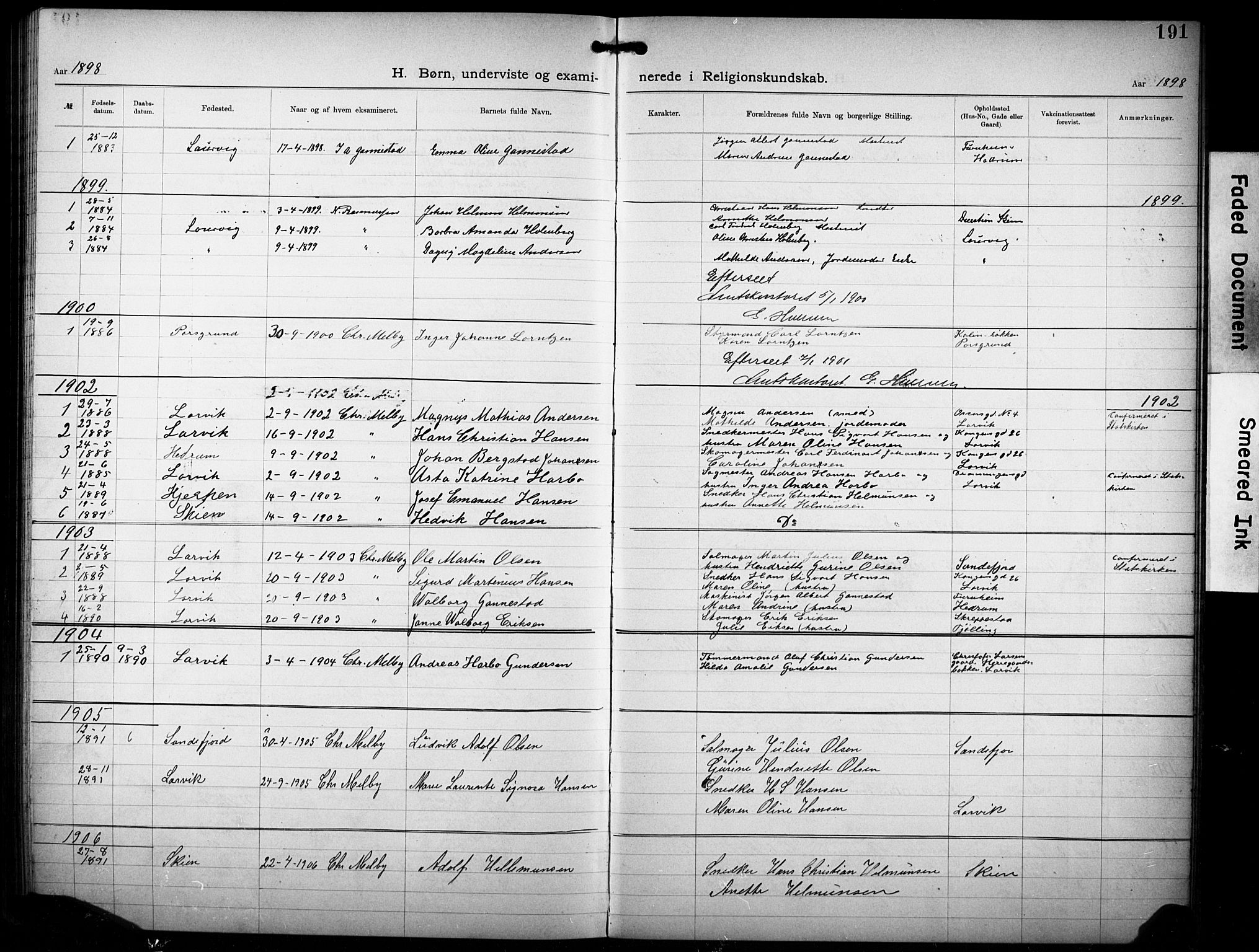 Den katolsk-apostoliske menighet i Larvik, SAKO/P-953/F/Fa/L0001: Dissenter register no. 1, 1892-1933, p. 191