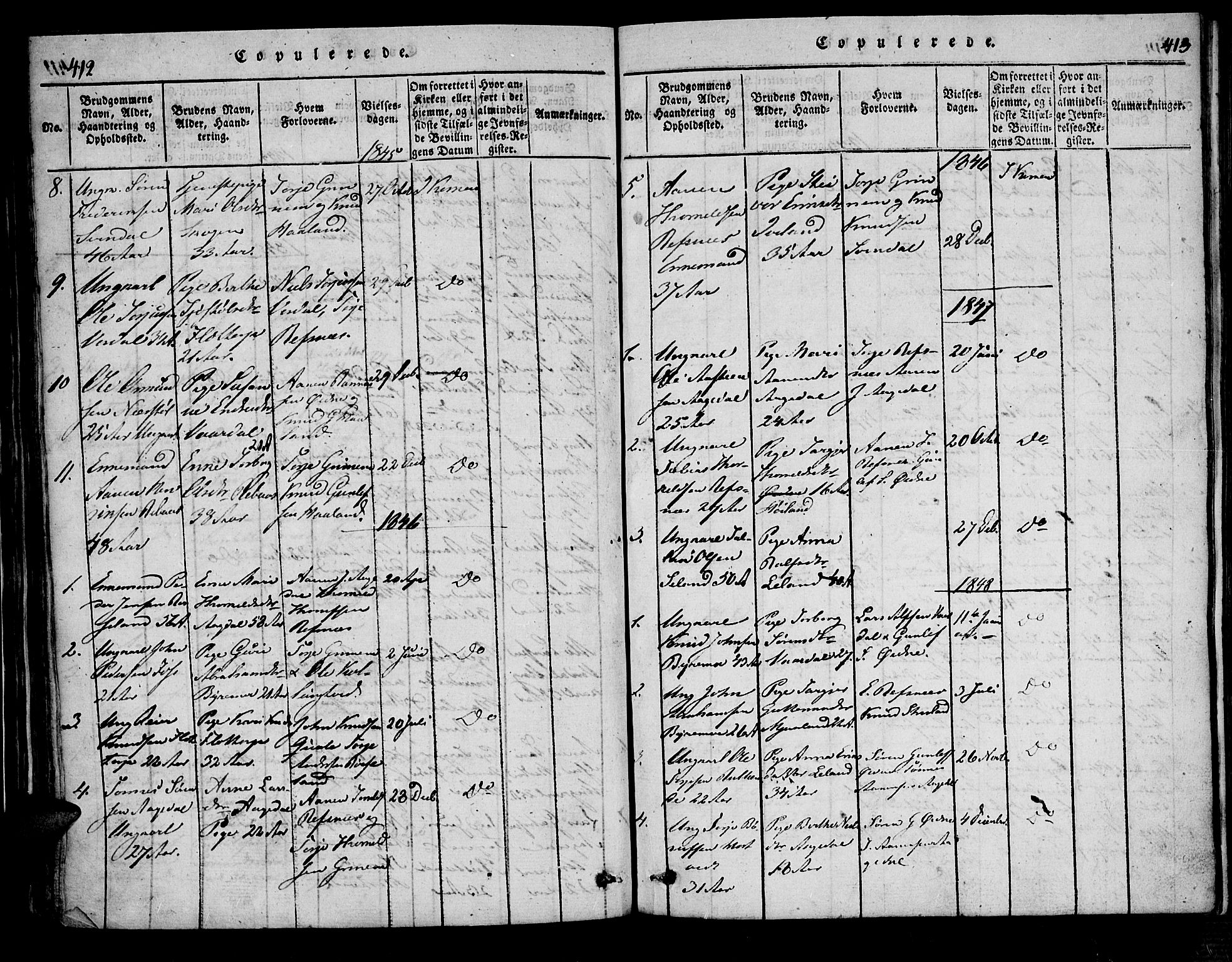 Bjelland sokneprestkontor, SAK/1111-0005/F/Fa/Fac/L0001: Parish register (official) no. A 1, 1815-1866, p. 412-413