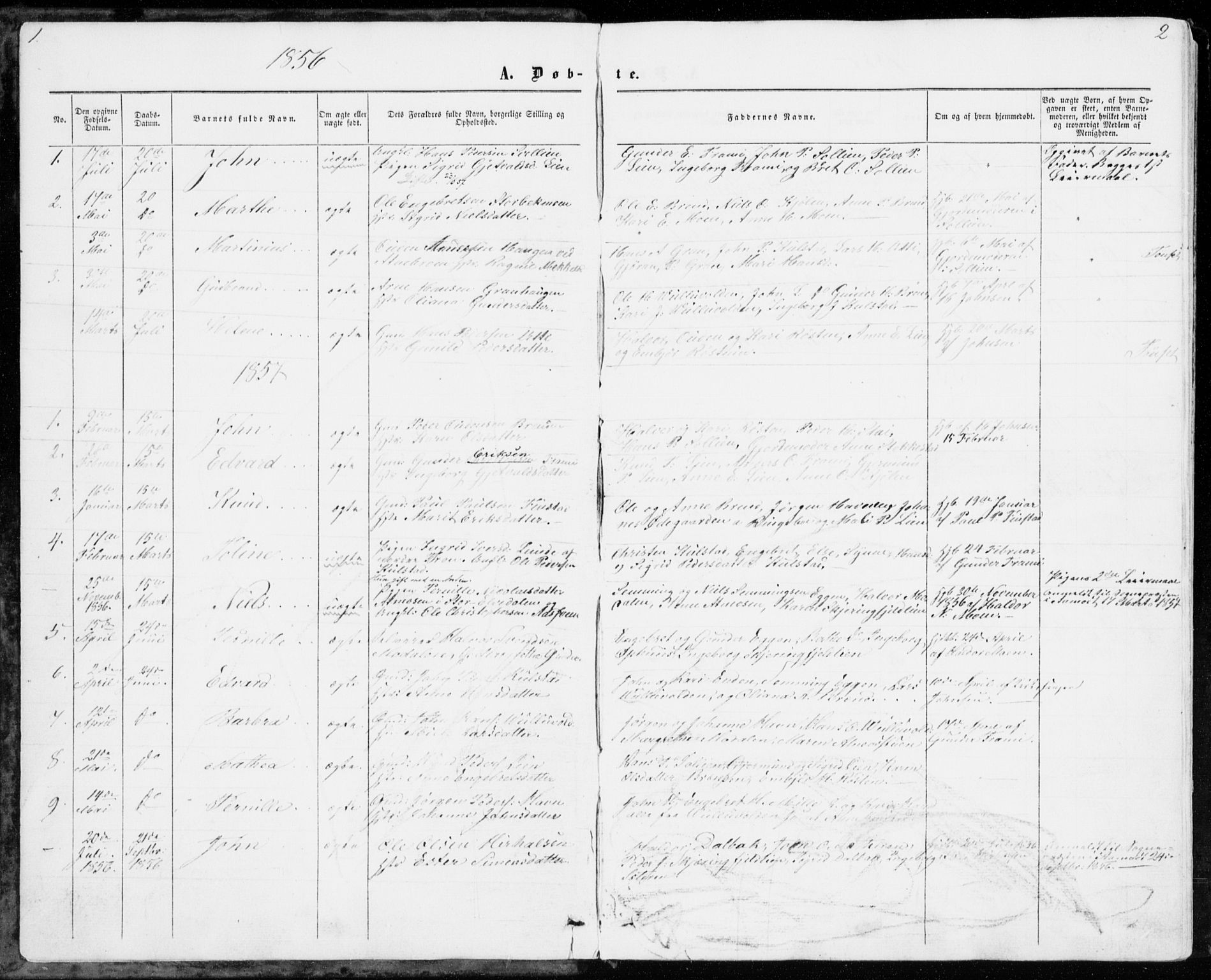 Sollia prestekontor, SAH/PREST-050/H/Ha/Haa/L0001: Parish register (official) no. 1, 1856-1885, p. 1-2