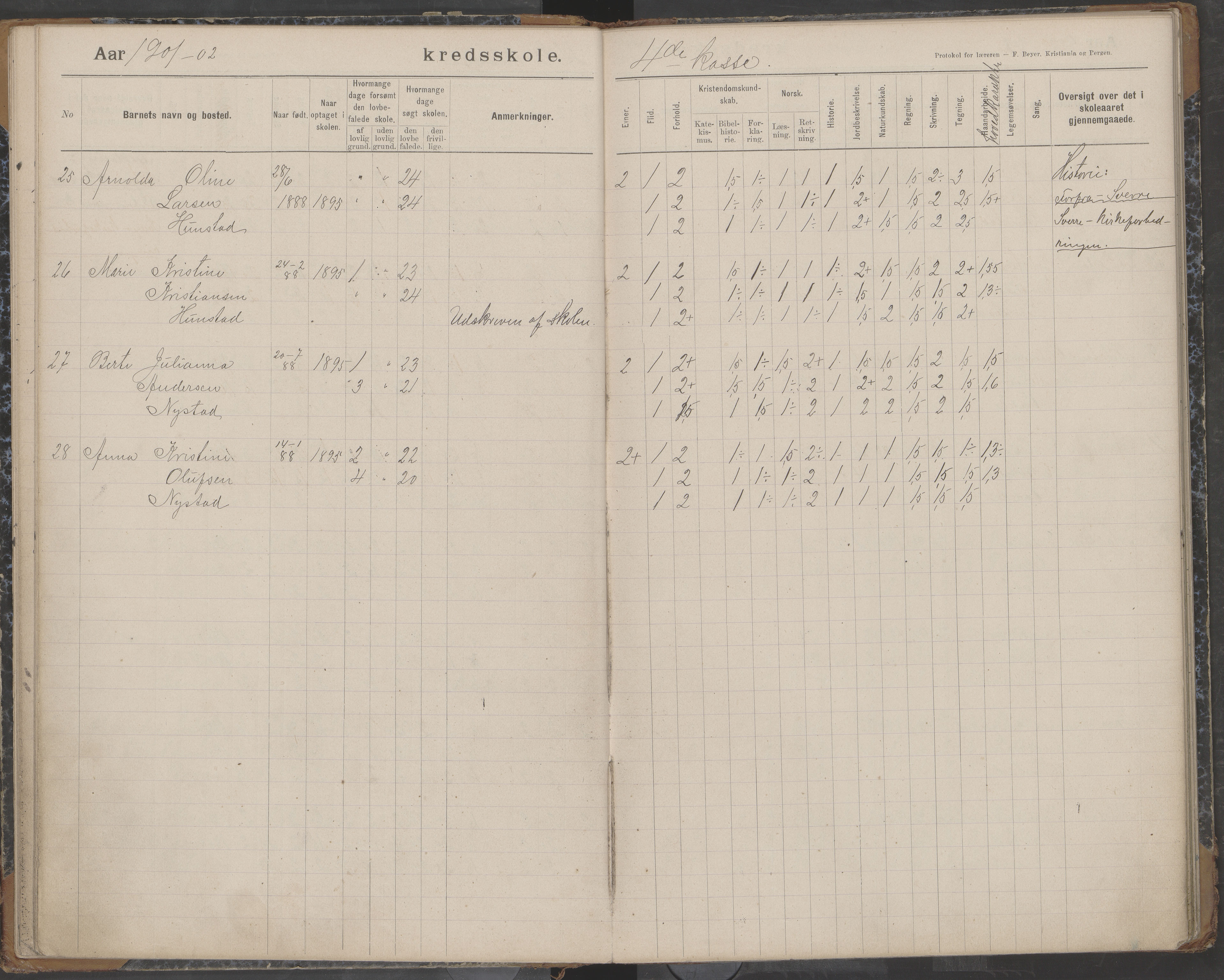 Bodin kommune. Støver skolekrets, AIN/K-18431.510.07/F/Fa/L0003: Skoleprotokoll, 1900-1909