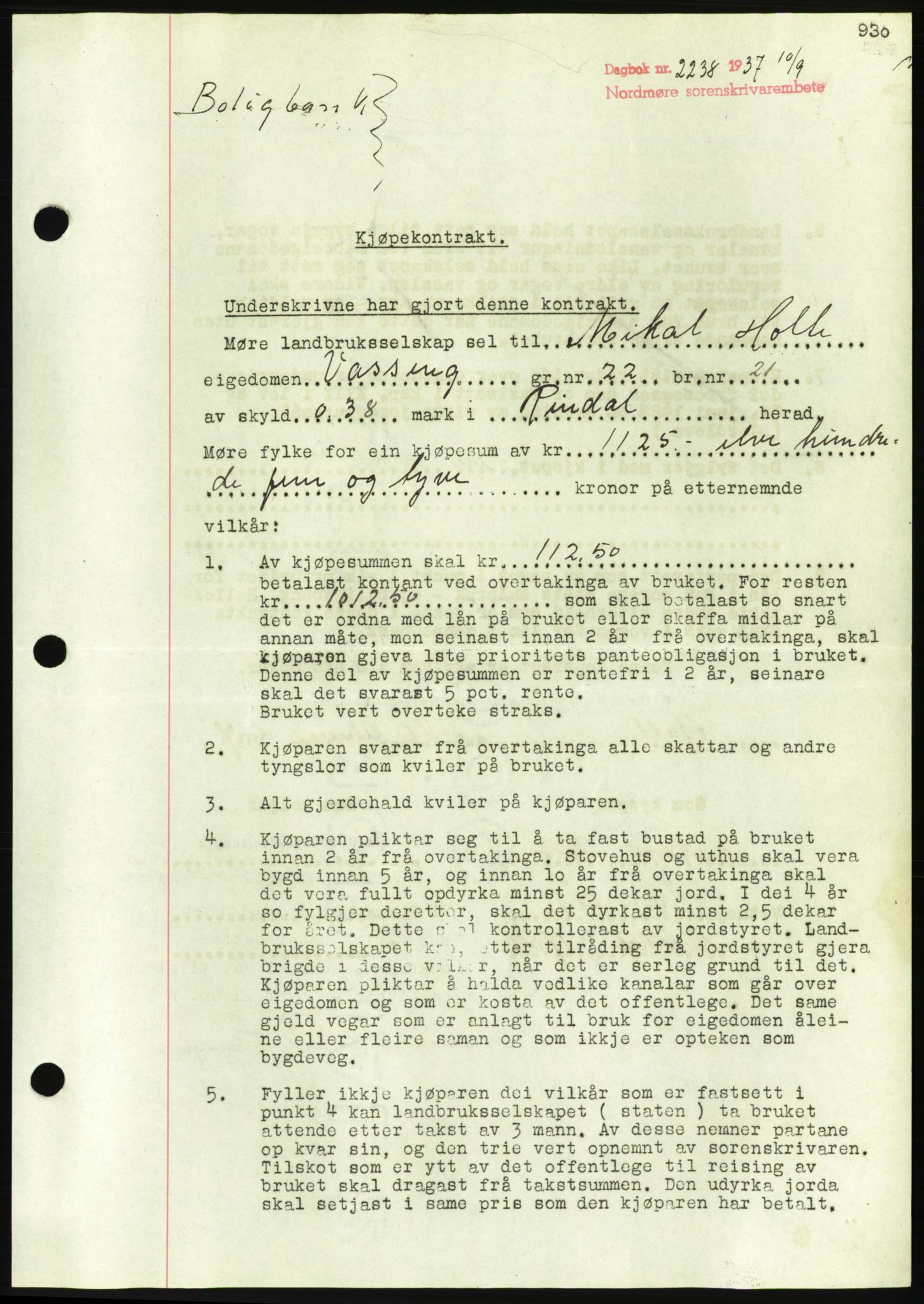 Nordmøre sorenskriveri, AV/SAT-A-4132/1/2/2Ca/L0091: Mortgage book no. B81, 1937-1937, Diary no: : 2238/1937