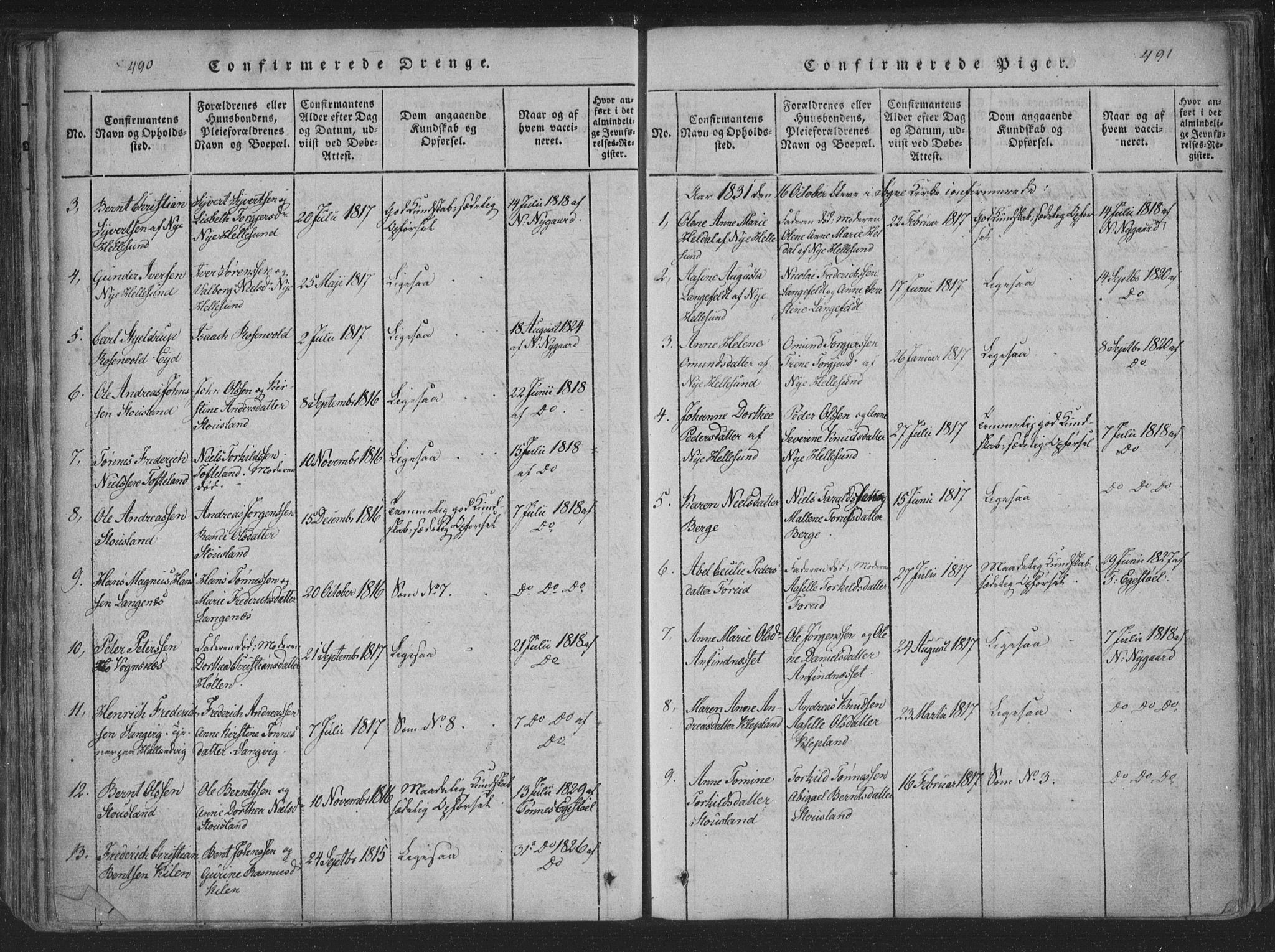 Søgne sokneprestkontor, SAK/1111-0037/F/Fa/Fab/L0008: Parish register (official) no. A 8, 1821-1838, p. 490-491
