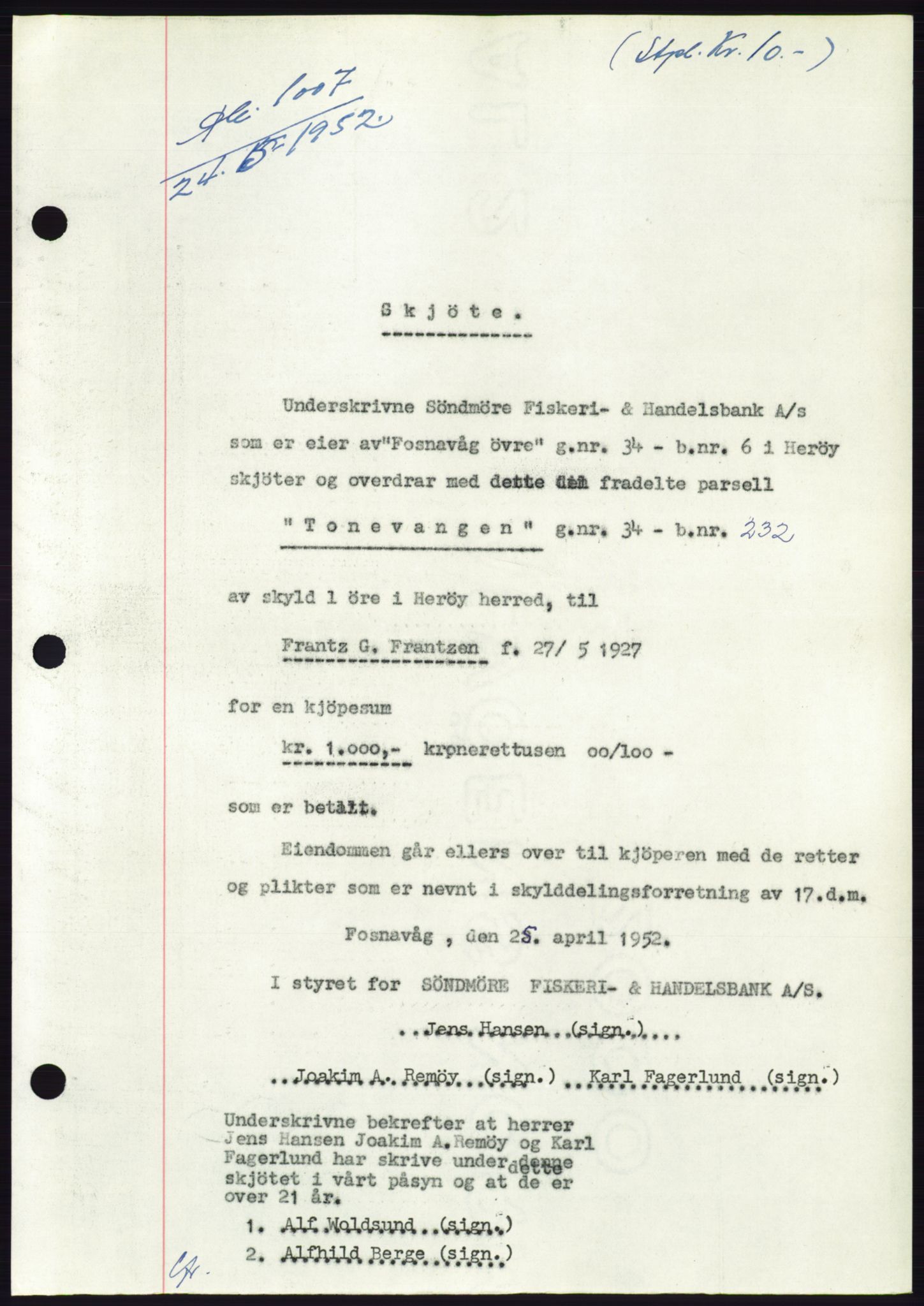 Søre Sunnmøre sorenskriveri, AV/SAT-A-4122/1/2/2C/L0092: Mortgage book no. 18A, 1952-1952, Diary no: : 1007/1952