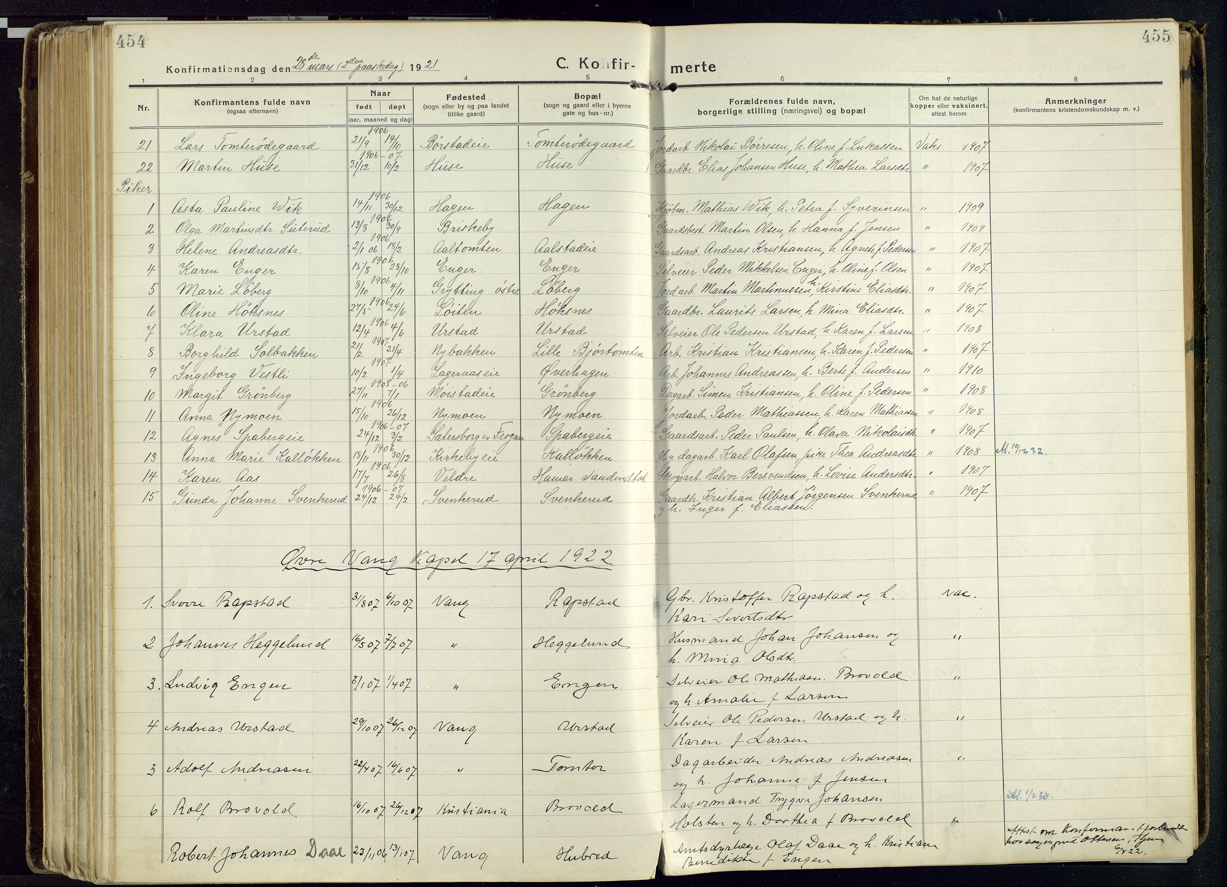 Vang prestekontor, Hedmark, SAH/PREST-008/H/Ha/Haa/L0022: Parish register (official) no. 22, 1918-1944, p. 454-455
