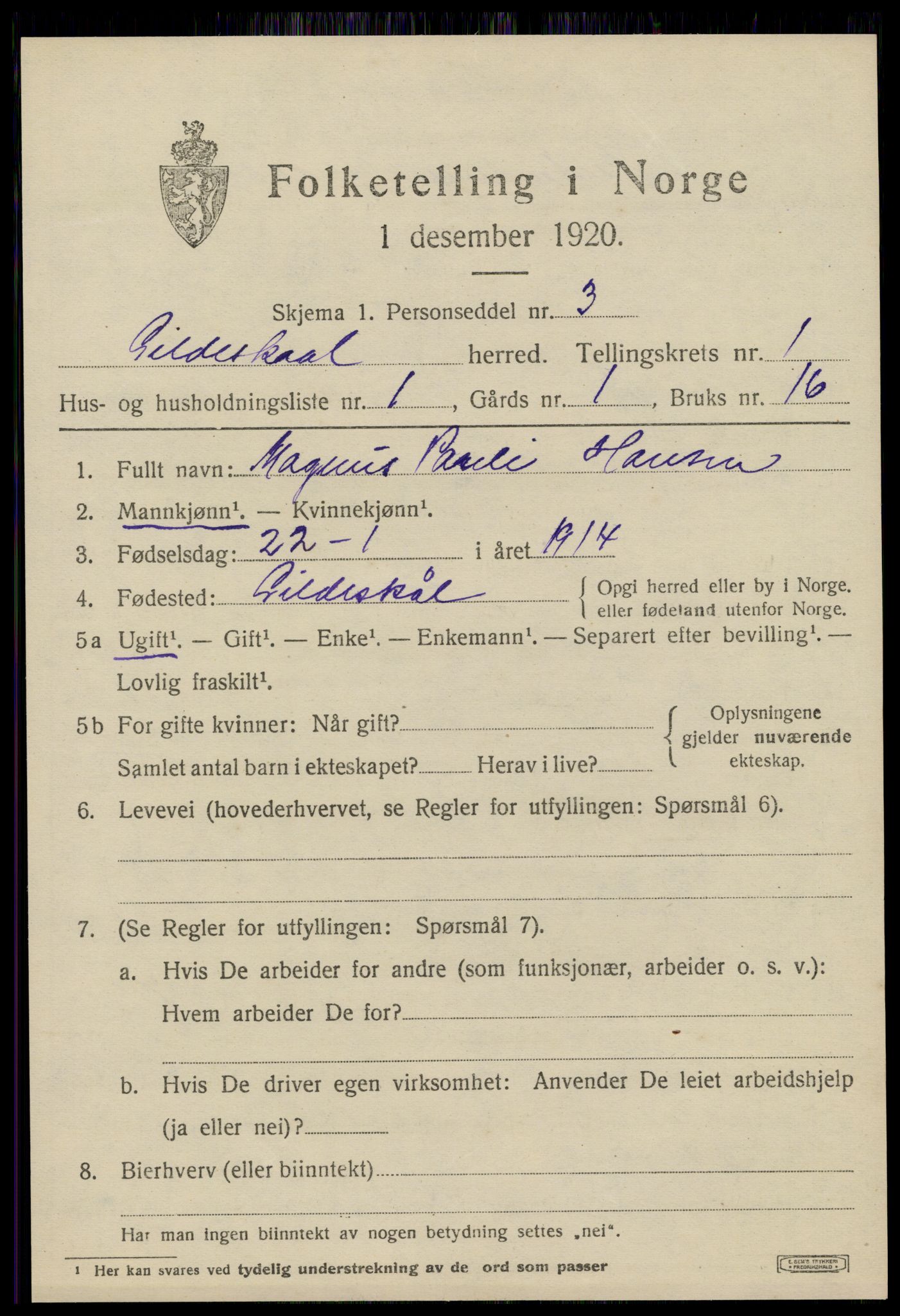 SAT, 1920 census for Gildeskål, 1920, p. 1626