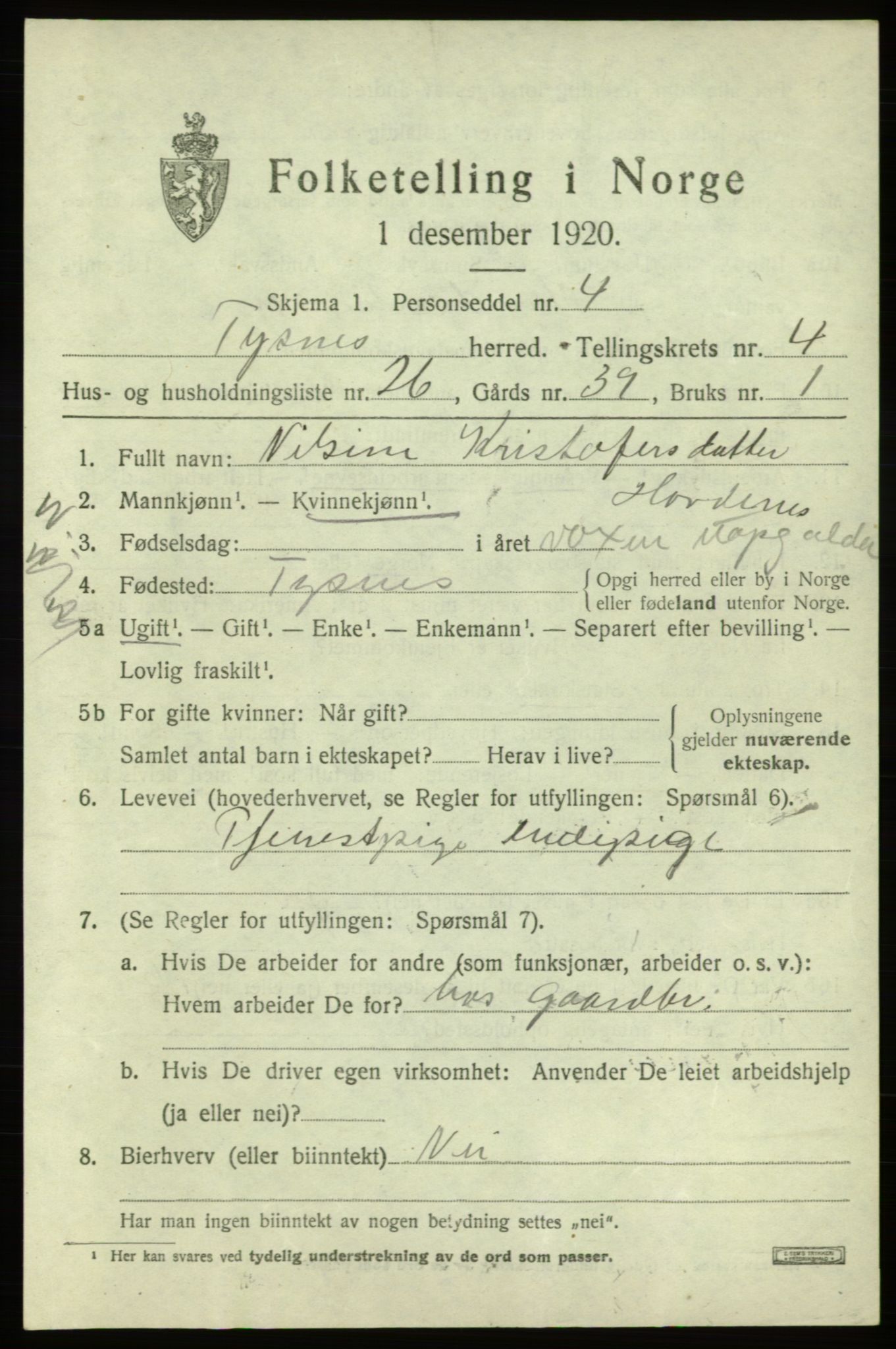 SAB, 1920 census for Tysnes, 1920, p. 3490