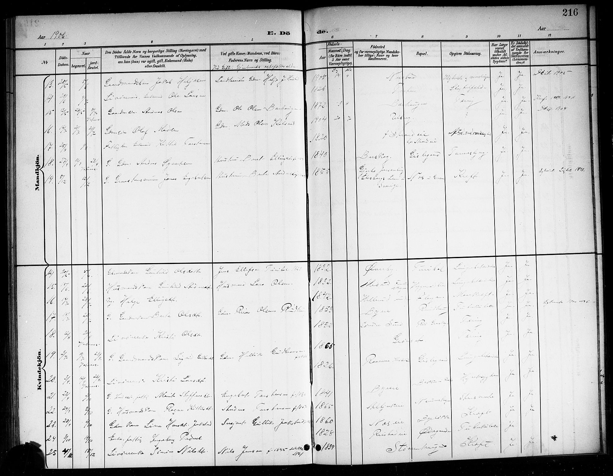 Sigdal kirkebøker, AV/SAKO-A-245/G/Ga/L0006: Parish register (copy) no. I 6, 1901-1916, p. 216