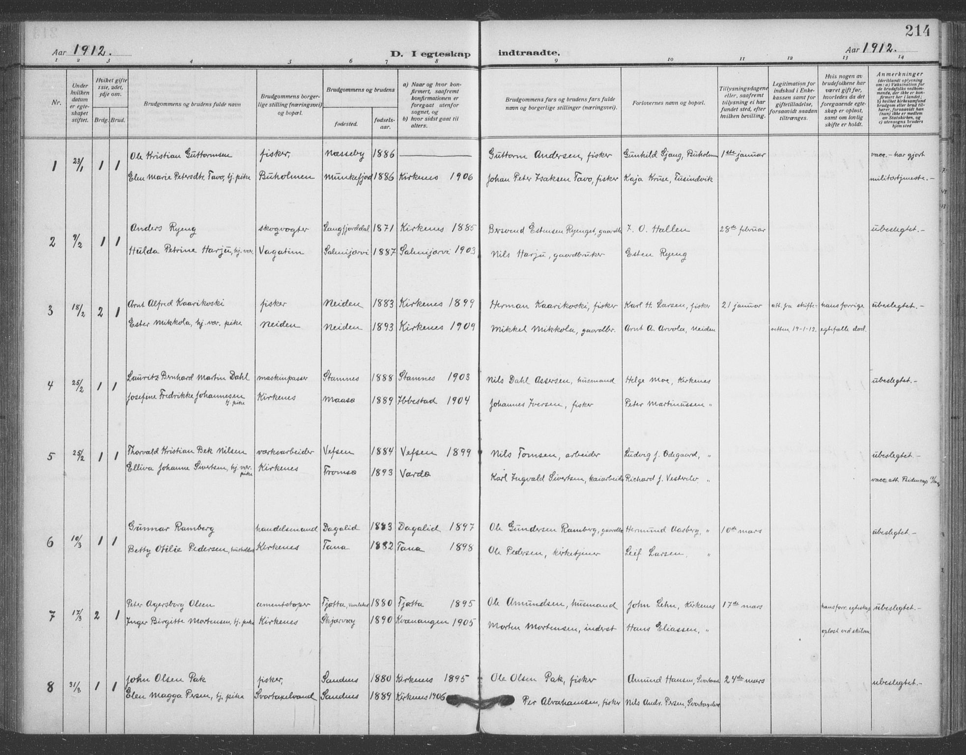 Sør-Varanger sokneprestkontor, SATØ/S-1331/H/Ha/L0005kirke: Parish register (official) no. 5, 1909-1919, p. 214