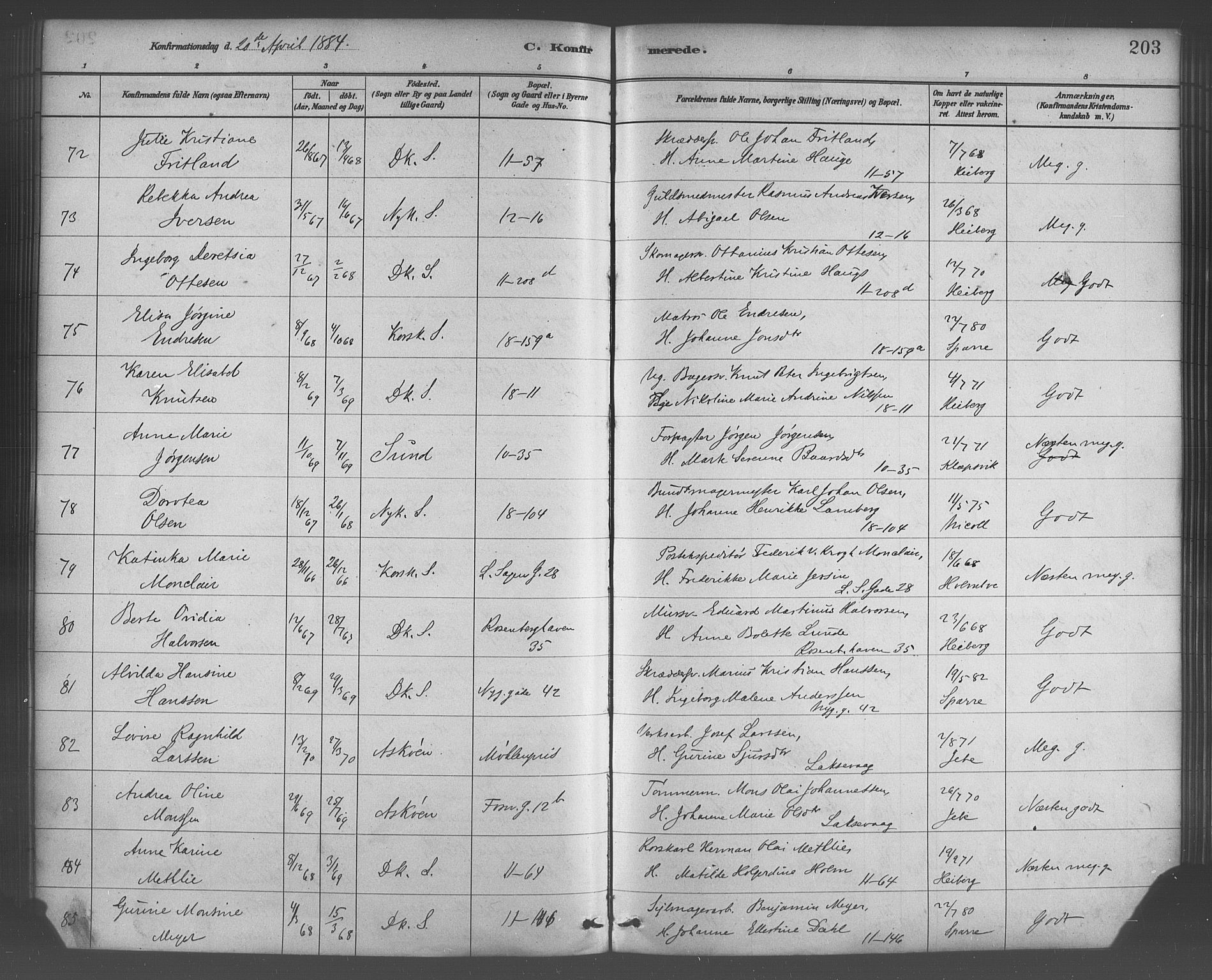 Domkirken sokneprestembete, SAB/A-74801/H/Haa/L0030: Parish register (official) no. C 5, 1880-1898, p. 203