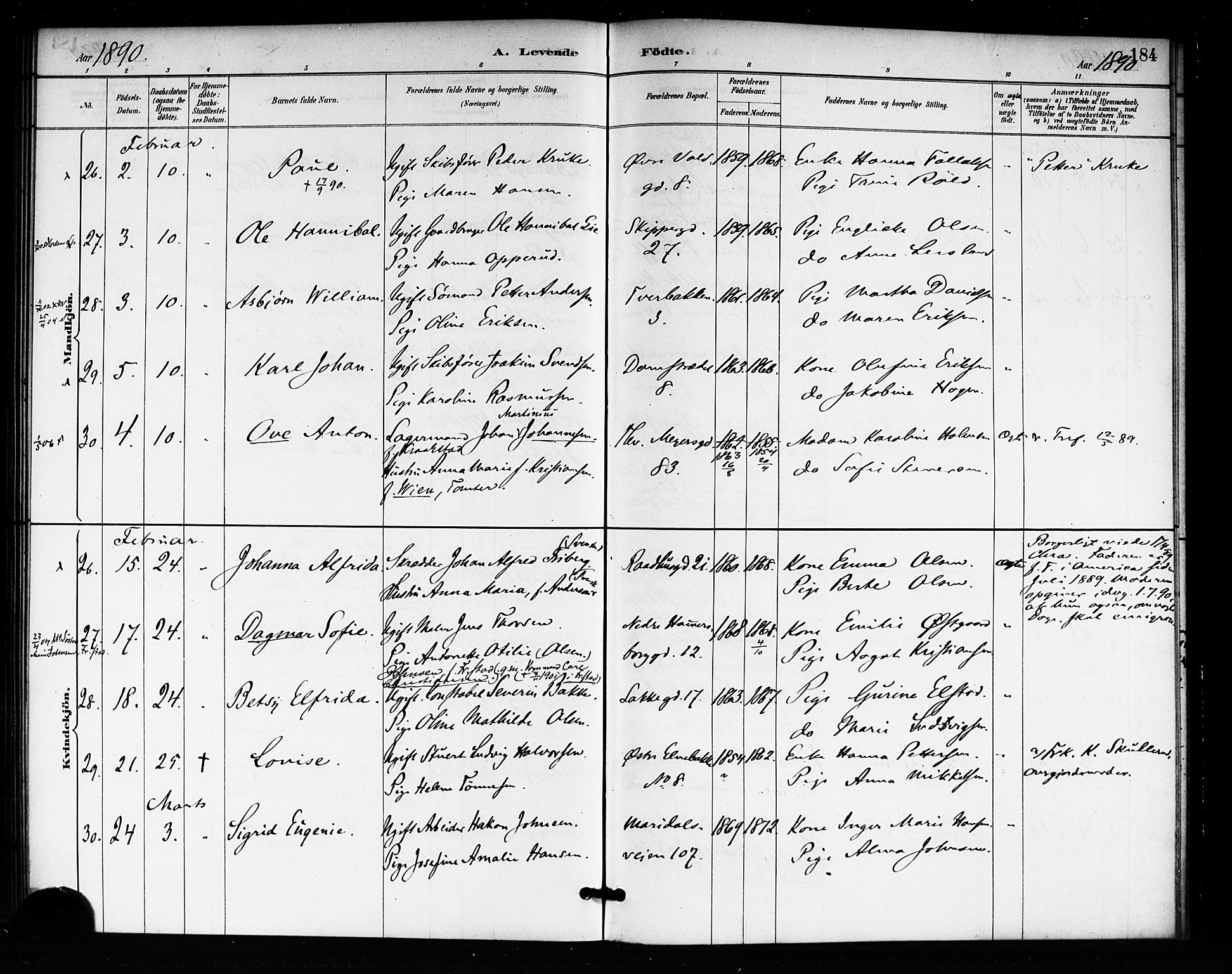 Rikshospitalet prestekontor Kirkebøker, AV/SAO-A-10309b/F/L0007: Parish register (official) no. 7, 1885-1890, p. 184