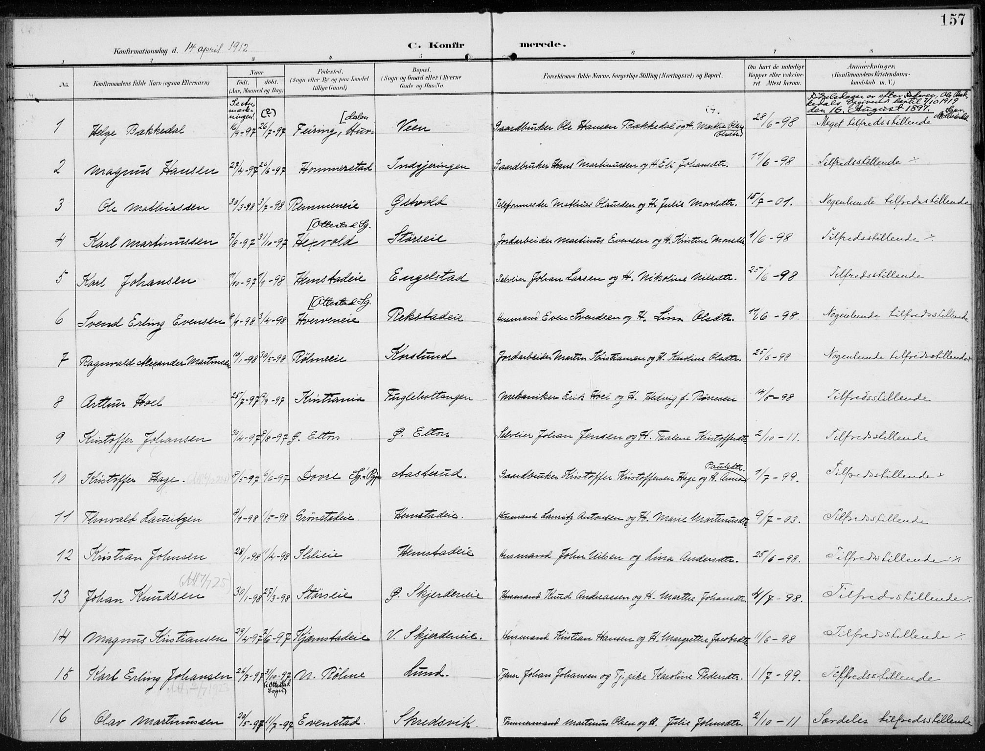Stange prestekontor, SAH/PREST-002/K/L0024: Parish register (official) no. 24, 1906-1922, p. 157