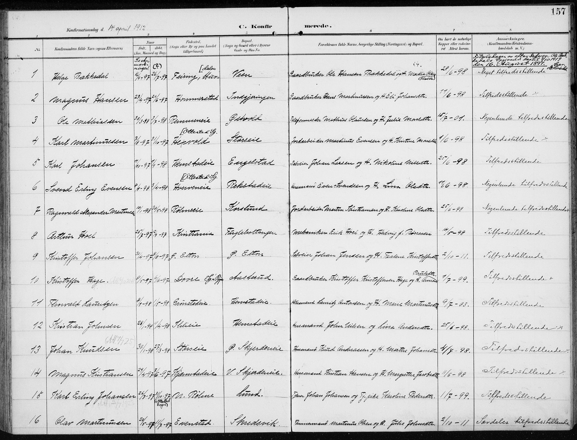 Stange prestekontor, AV/SAH-PREST-002/K/L0024: Parish register (official) no. 24, 1906-1922, p. 157