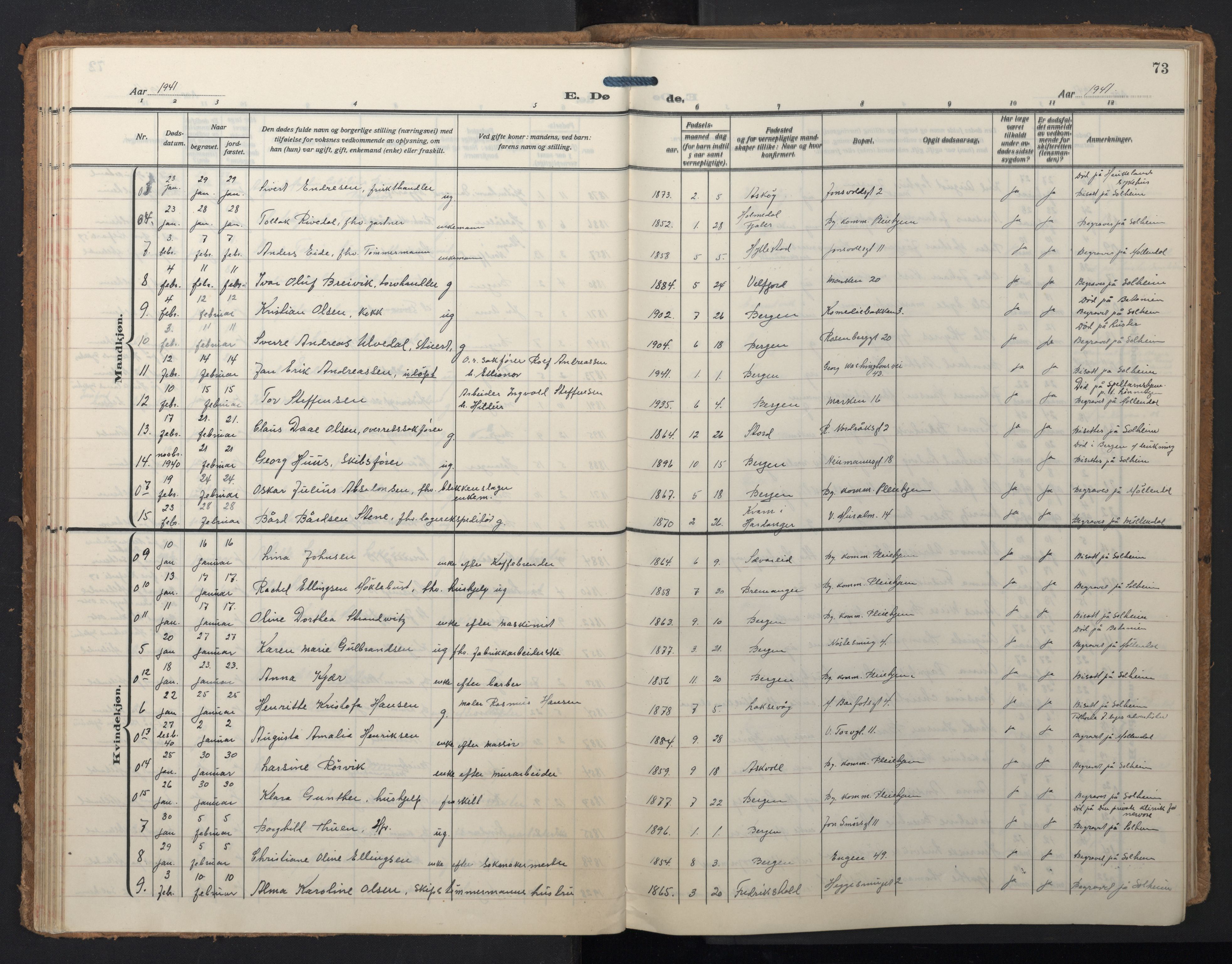Domkirken sokneprestembete, SAB/A-74801/H/Hab/L0043: Parish register (copy) no. E 7, 1929-1965, p. 72b-73a