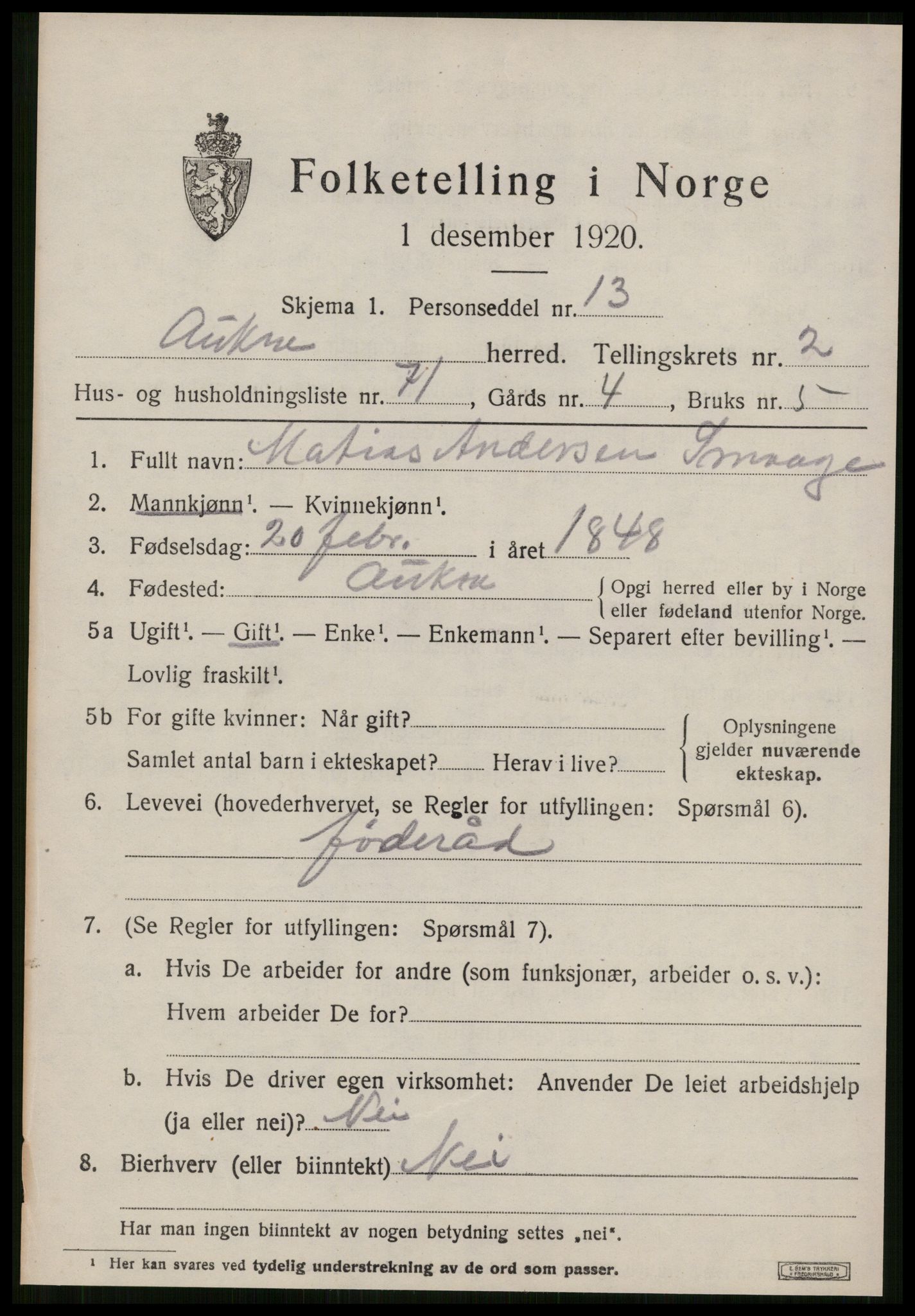 SAT, 1920 census for Aukra, 1920, p. 2497