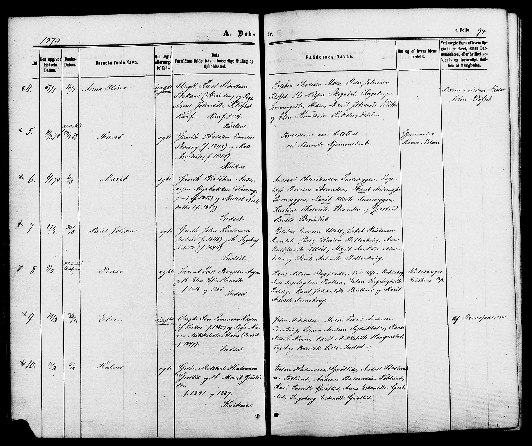 Kvikne prestekontor, AV/SAH-PREST-064/H/Ha/Haa/L0006: Parish register (official) no. 6, 1863-1886, p. 94