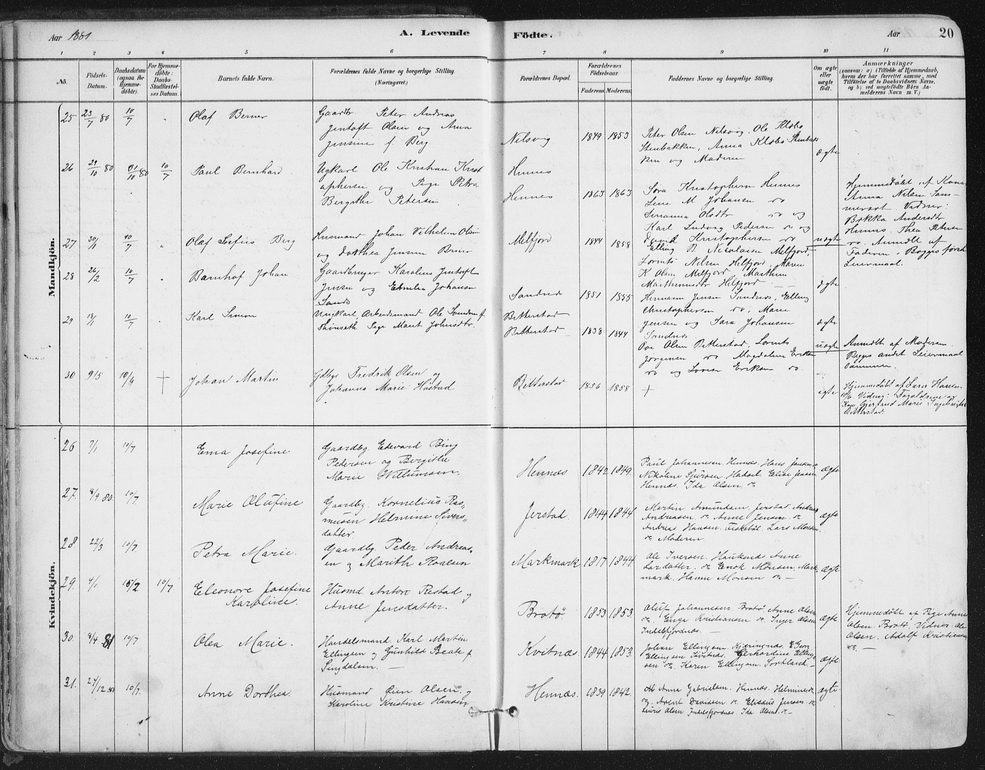 Ministerialprotokoller, klokkerbøker og fødselsregistre - Nordland, AV/SAT-A-1459/888/L1244: Parish register (official) no. 888A10, 1880-1890, p. 20