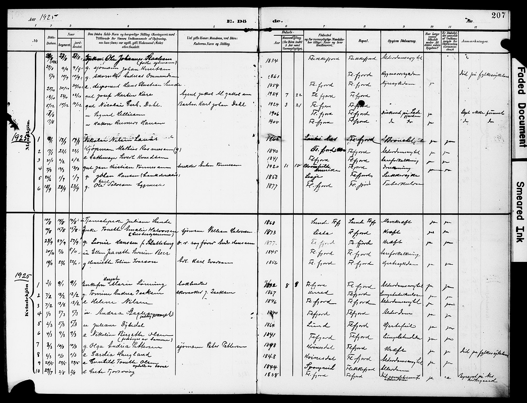 Flekkefjord sokneprestkontor, AV/SAK-1111-0012/F/Fb/Fba/L0001: Parish register (copy) no. B 1, 1903-1931, p. 207