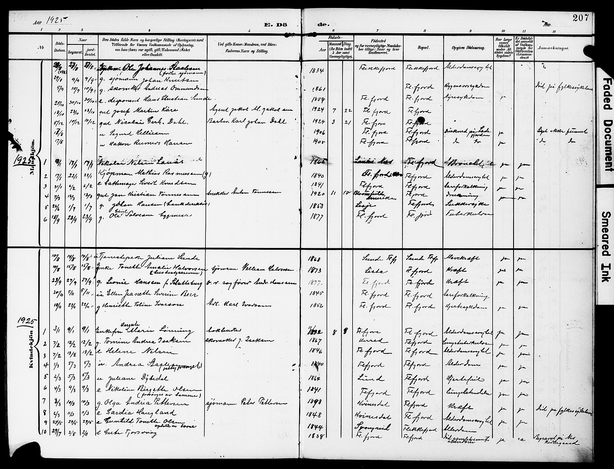 Flekkefjord sokneprestkontor, SAK/1111-0012/F/Fb/Fba/L0001: Parish register (copy) no. B 1, 1903-1931, p. 207