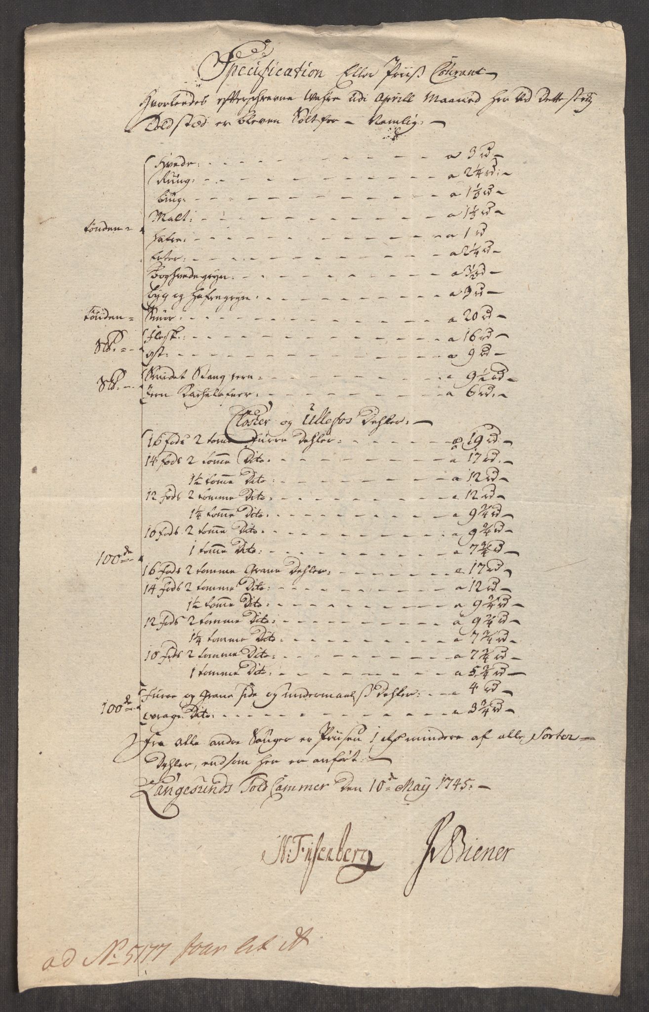 Rentekammeret inntil 1814, Realistisk ordnet avdeling, AV/RA-EA-4070/Oe/L0003: [Ø1]: Priskuranter, 1745-1748, p. 124