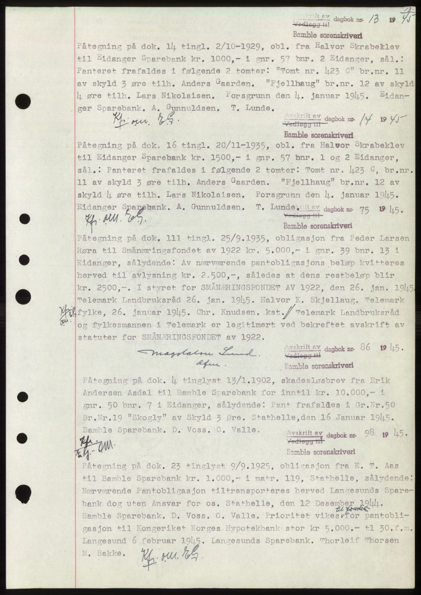 Bamble sorenskriveri, AV/SAKO-A-214/G/Ga/Gai/L0002: Mortgage book no. C-2, 1939-1951, Diary no: : 13/1945