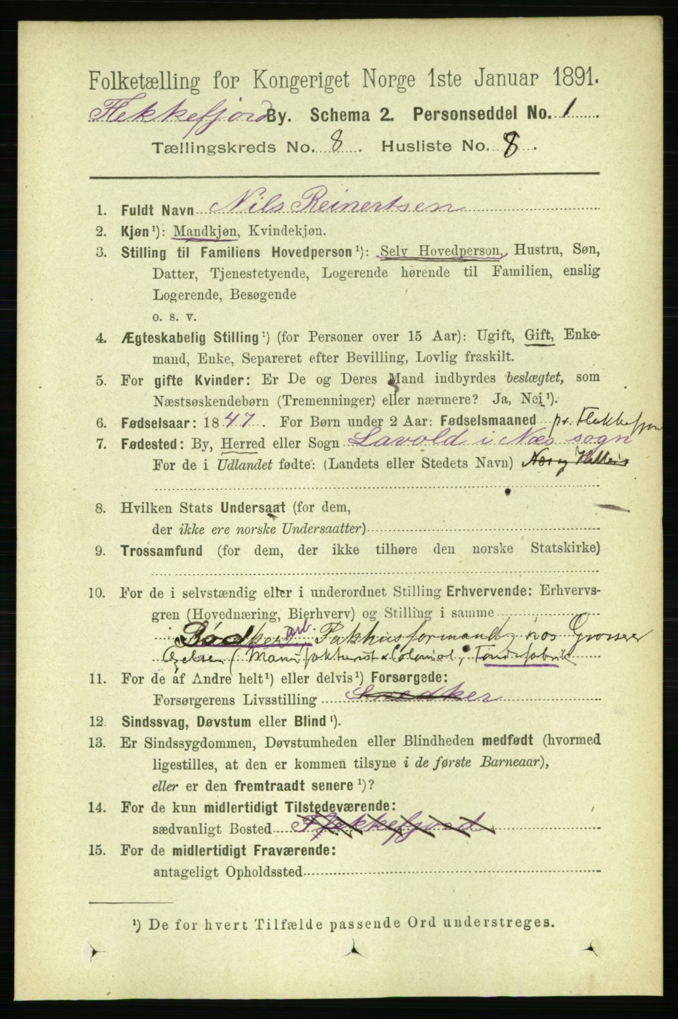 RA, 1891 census for 1004 Flekkefjord, 1891, p. 1415