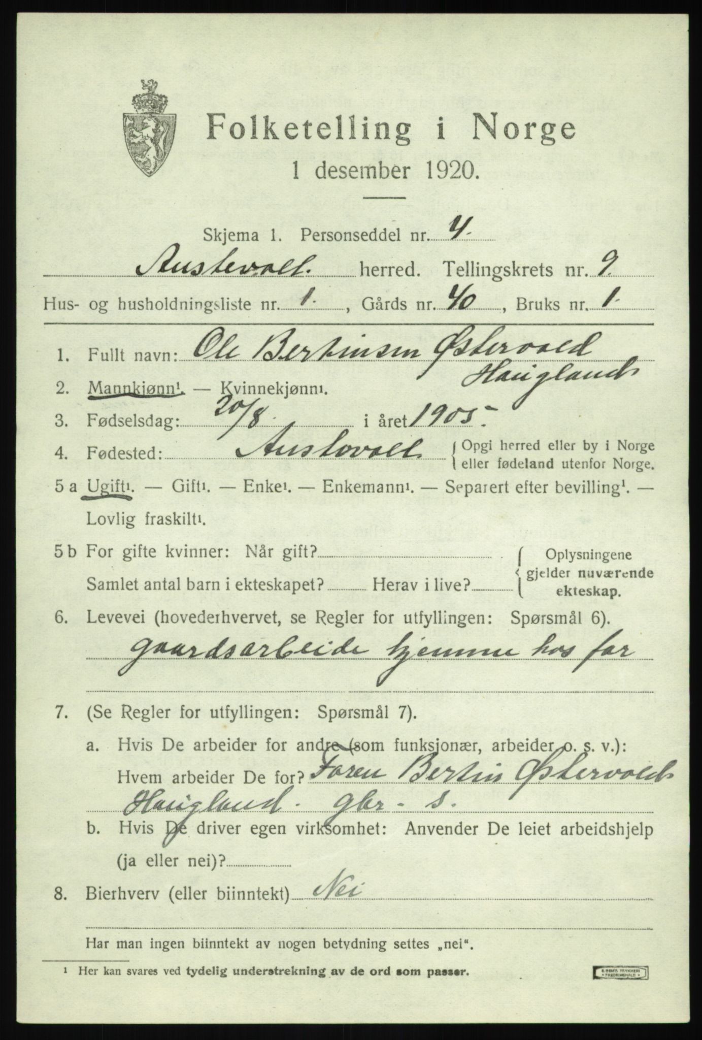 SAB, 1920 census for Austevoll, 1920, p. 4732