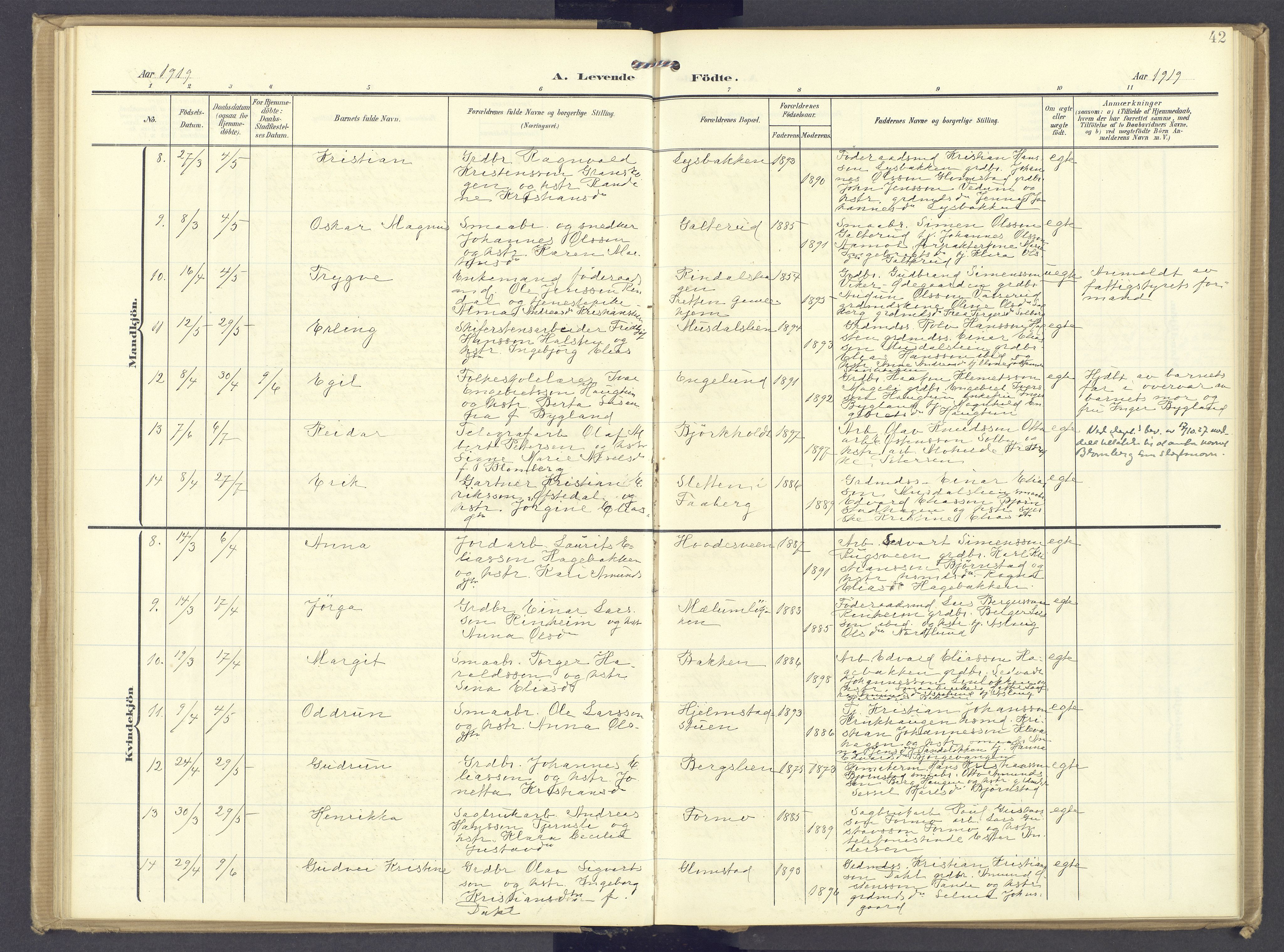 Øyer prestekontor, AV/SAH-PREST-084/H/Ha/Haa/L0013: Parish register (official) no. 13, 1905-1920, p. 42