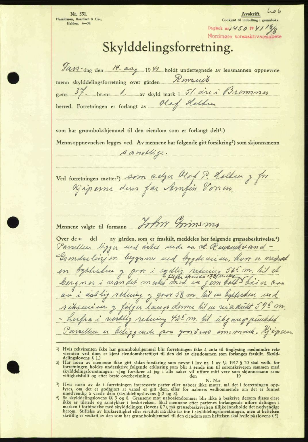 Nordmøre sorenskriveri, AV/SAT-A-4132/1/2/2Ca: Mortgage book no. A90, 1941-1941, Diary no: : 1450/1941