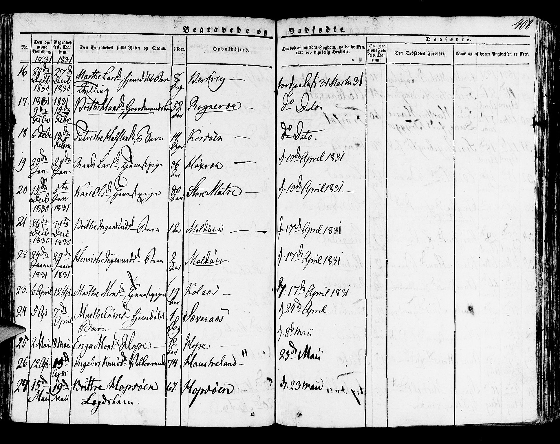 Lindås Sokneprestembete, AV/SAB-A-76701/H/Haa/Haaa/L0008: Parish register (official) no. A 8, 1823-1836, p. 408