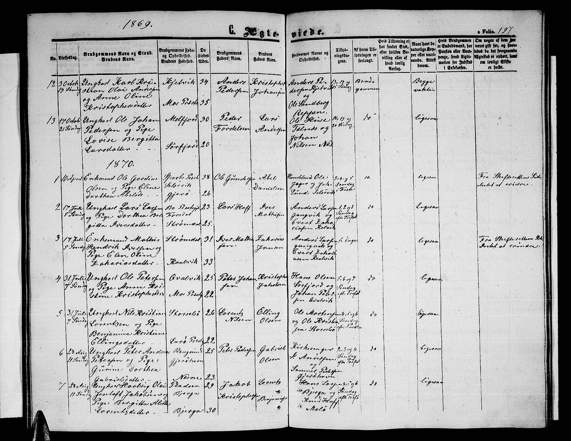 Ministerialprotokoller, klokkerbøker og fødselsregistre - Nordland, SAT/A-1459/841/L0619: Parish register (copy) no. 841C03, 1856-1876, p. 197