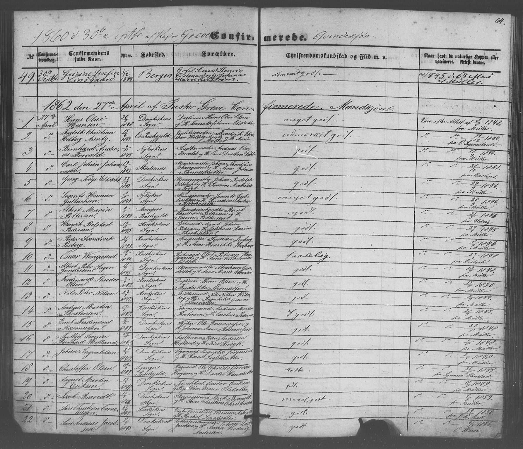 Domkirken sokneprestembete, AV/SAB-A-74801/H/Haa/L0064: Curate's parish register no. A 2, 1850-1872, p. 64