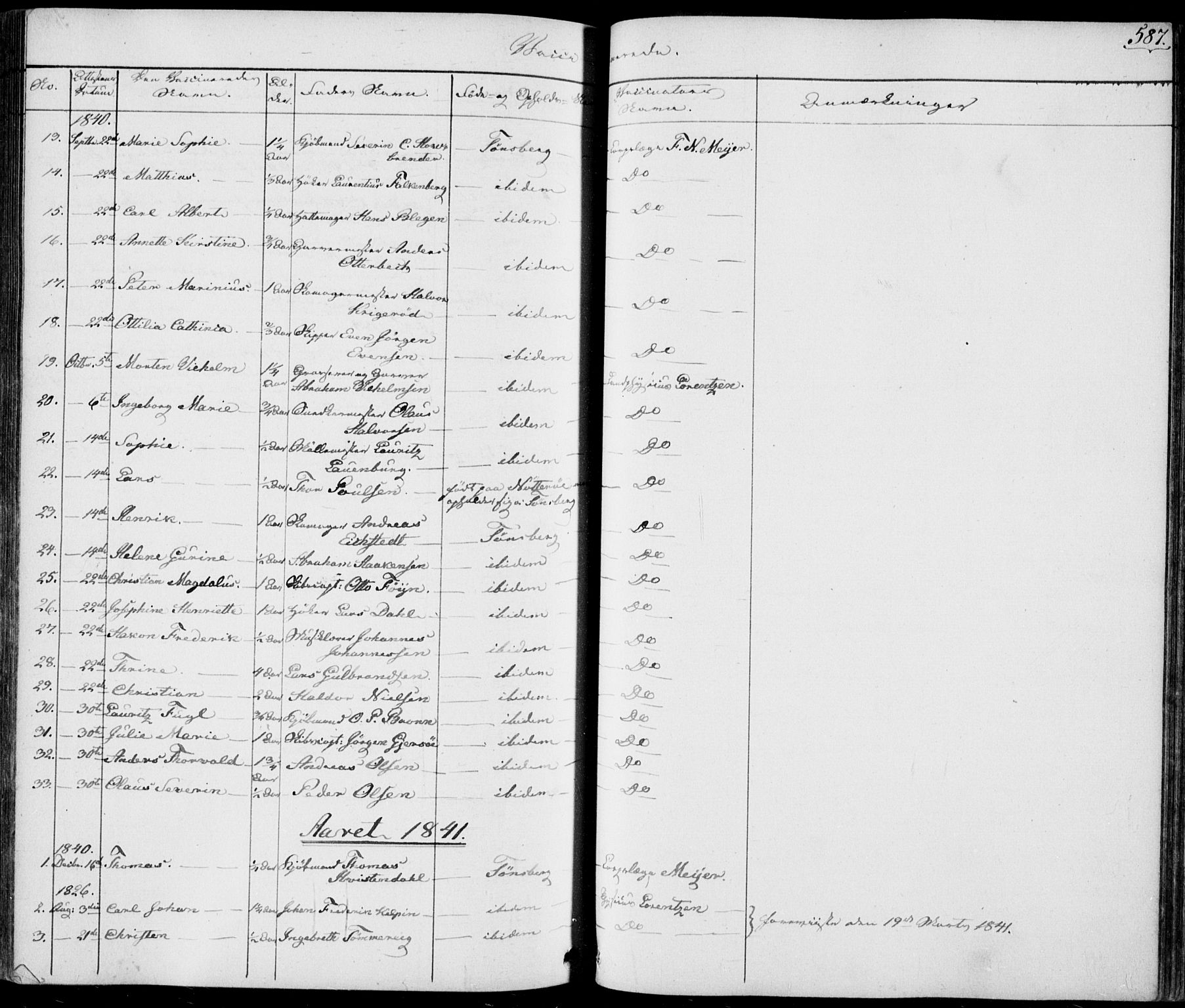 Tønsberg kirkebøker, AV/SAKO-A-330/F/Fa/L0006: Parish register (official) no. I 6, 1836-1844, p. 587