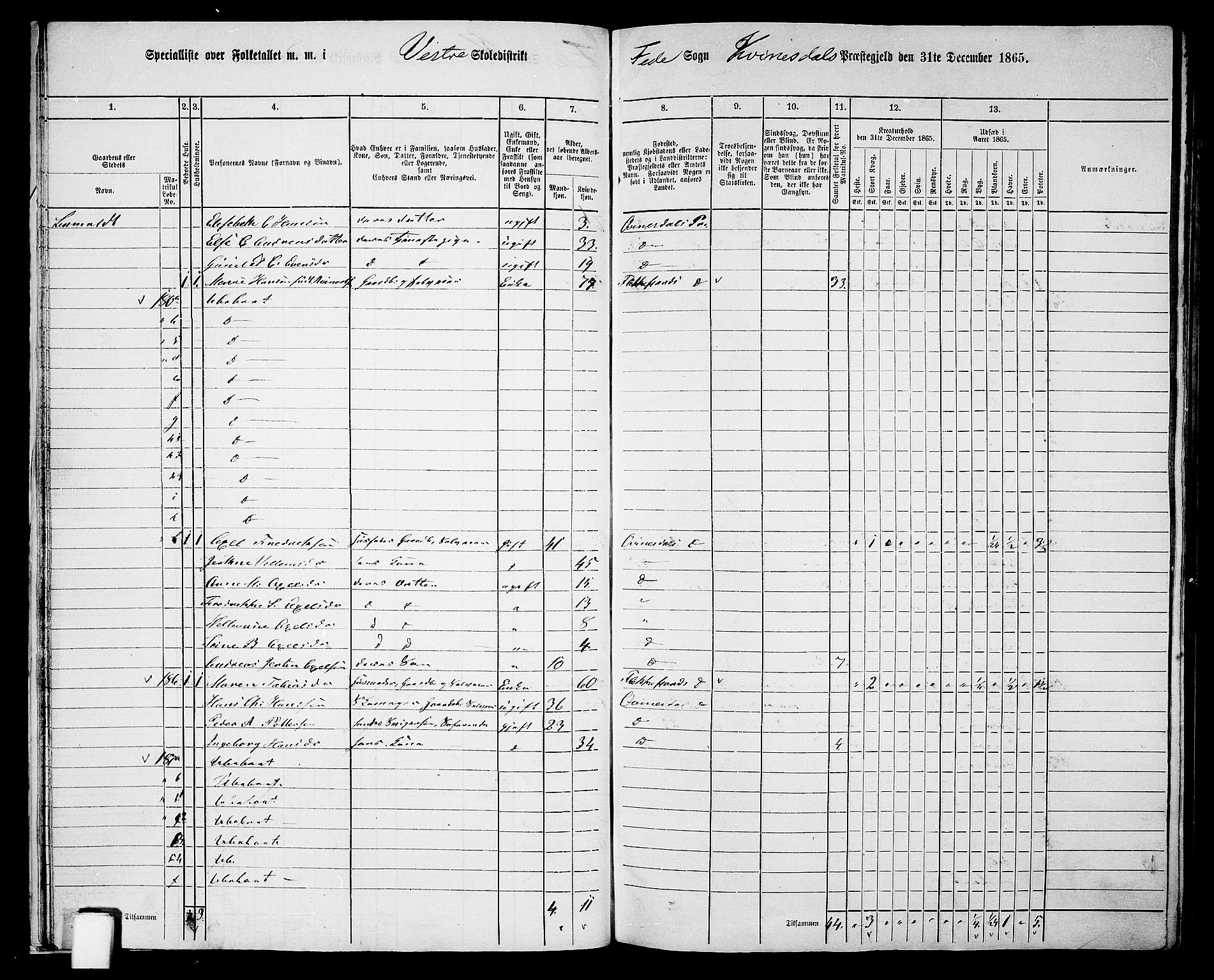 RA, 1865 census for Kvinesdal, 1865, p. 29