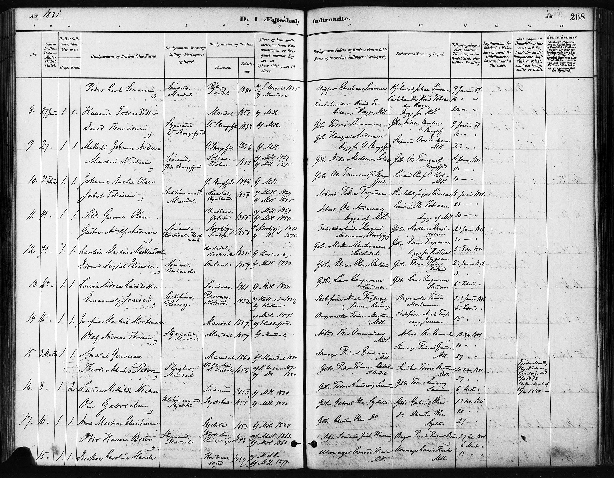 Mandal sokneprestkontor, AV/SAK-1111-0030/F/Fa/Faa/L0016: Parish register (official) no. A 16, 1880-1890, p. 268