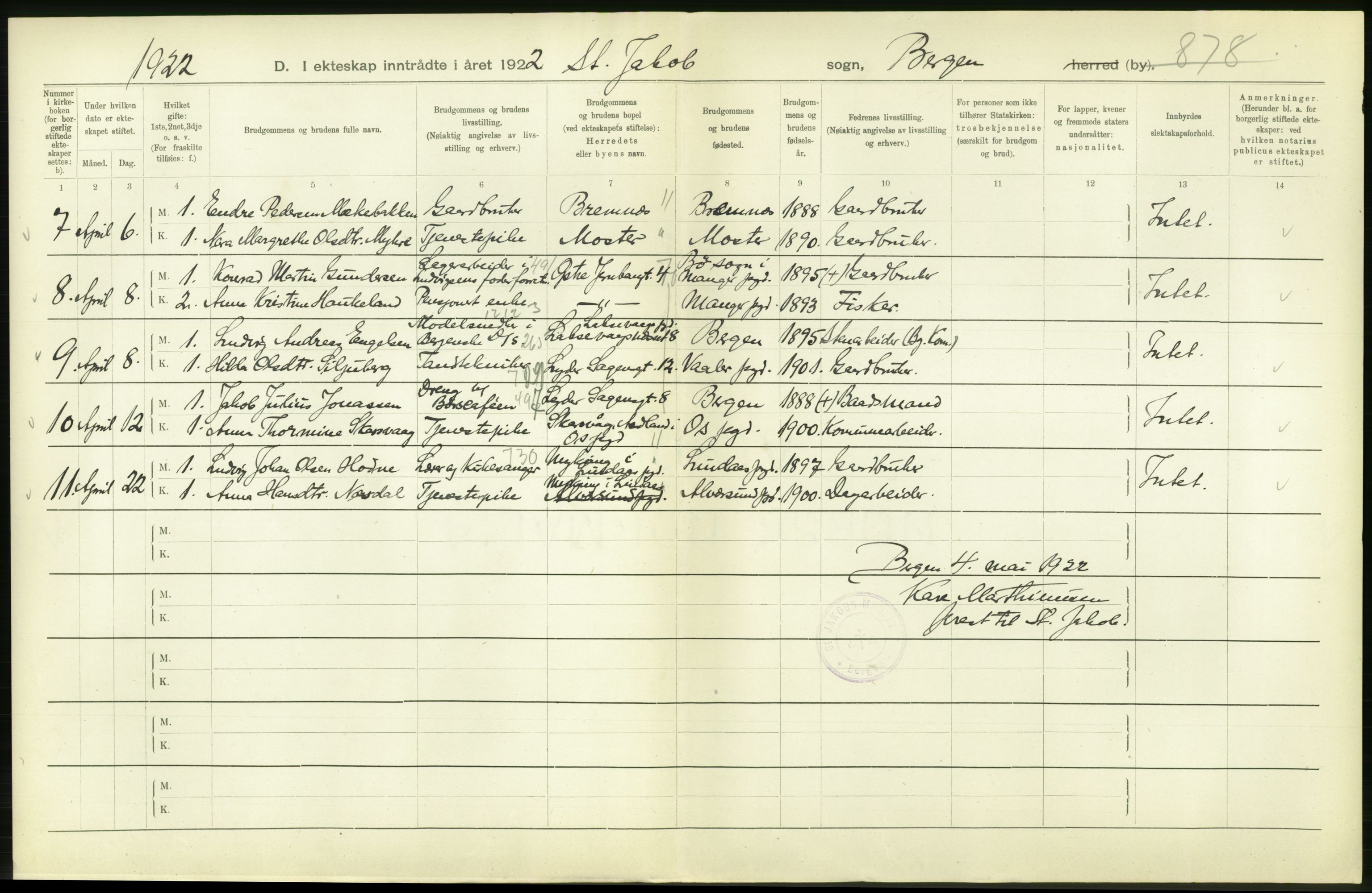 Statistisk sentralbyrå, Sosiodemografiske emner, Befolkning, AV/RA-S-2228/D/Df/Dfc/Dfcb/L0030: Bergen: Gifte, døde, dødfødte., 1922, p. 16