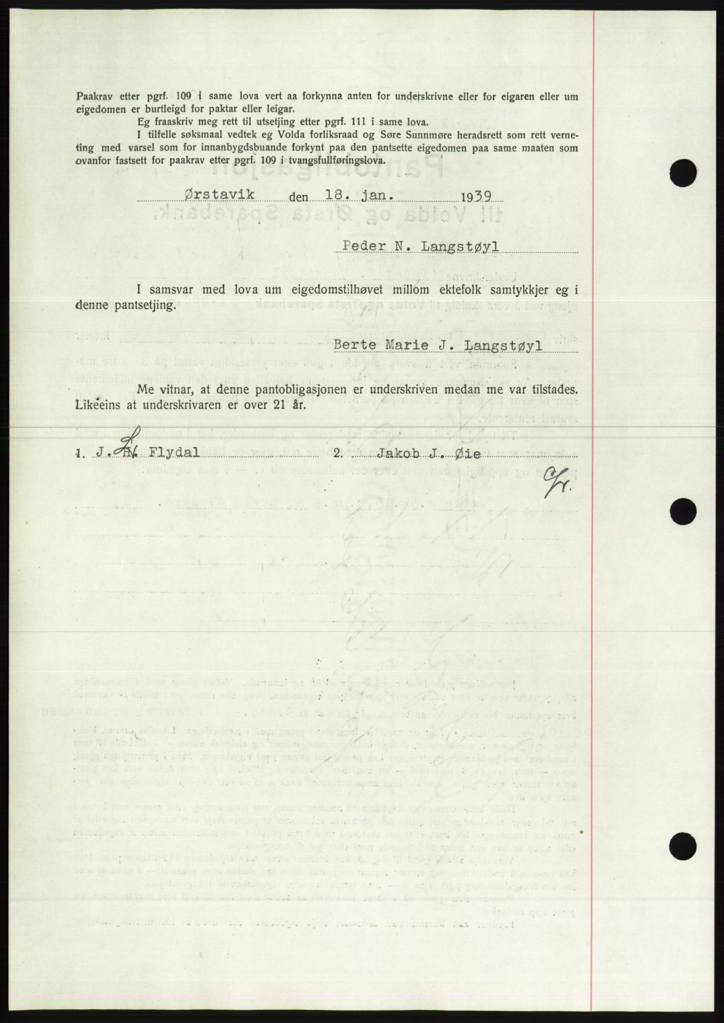 Søre Sunnmøre sorenskriveri, AV/SAT-A-4122/1/2/2C/L0067: Mortgage book no. 61, 1938-1939, Diary no: : 84/1939