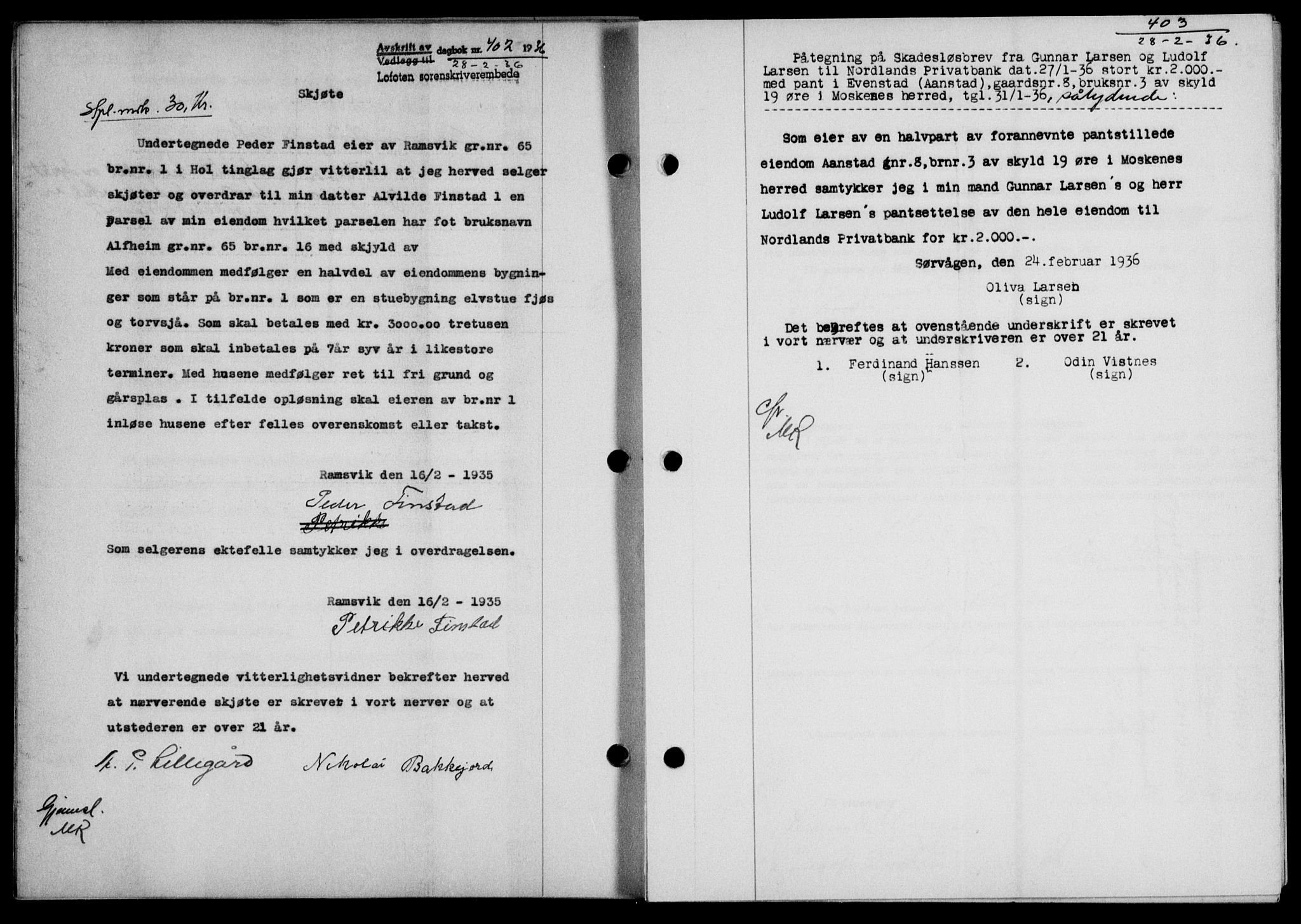 Lofoten sorenskriveri, SAT/A-0017/1/2/2C/L0033b: Mortgage book no. 33b, 1936-1936, Diary no: : 402/1936