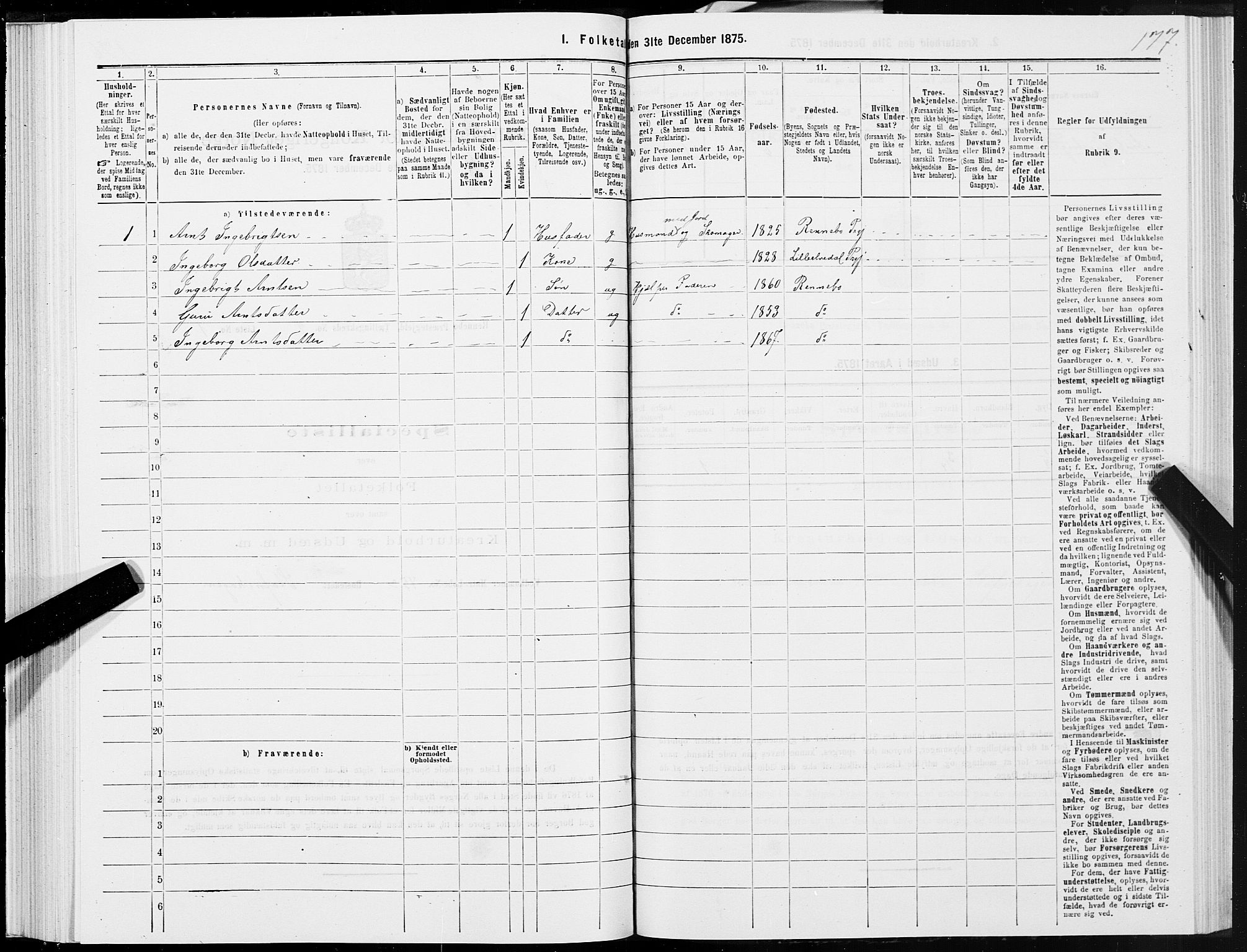 SAT, 1875 census for 1635P Rennebu, 1875, p. 1177