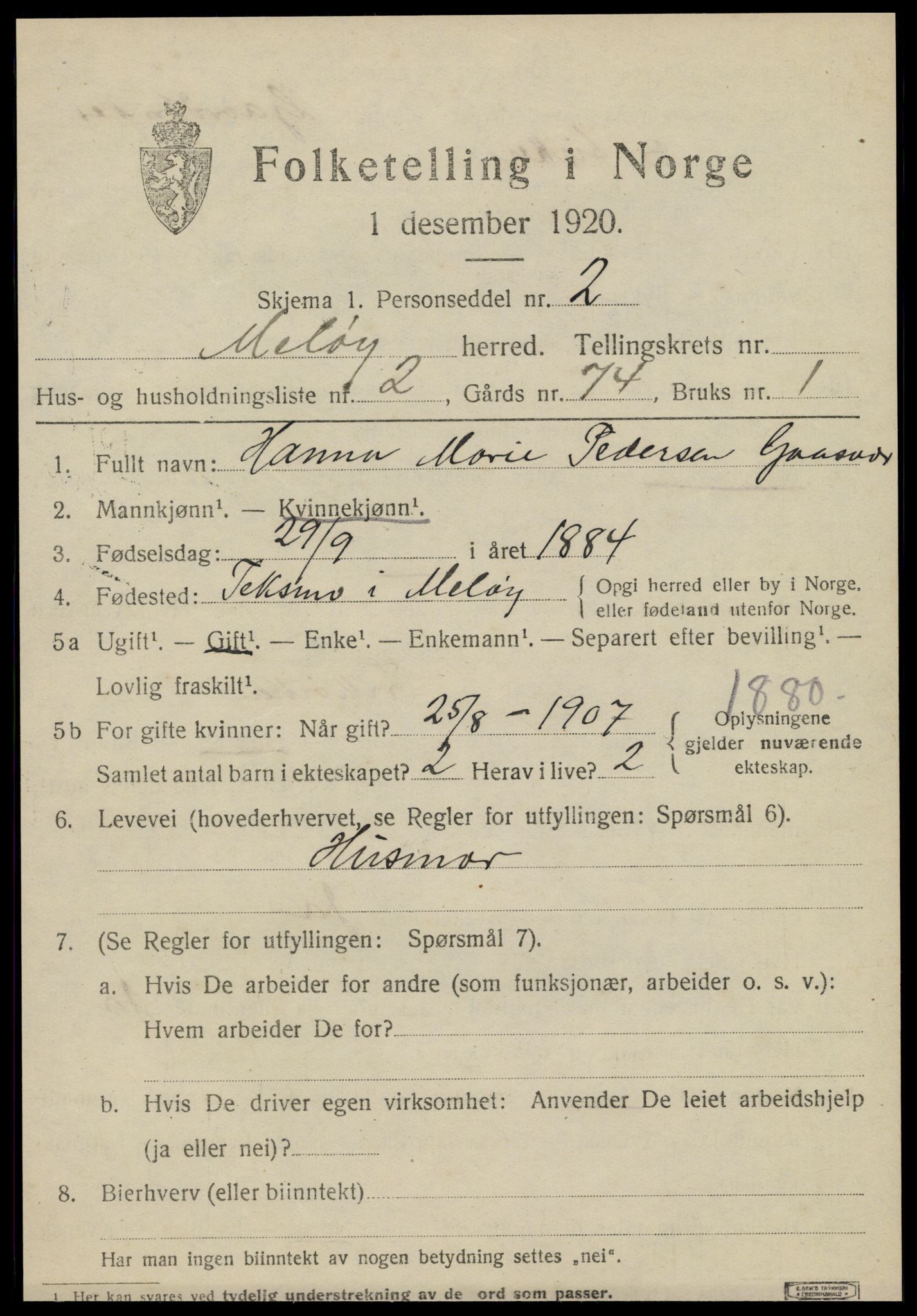 SAT, 1920 census for Meløy, 1920, p. 10073