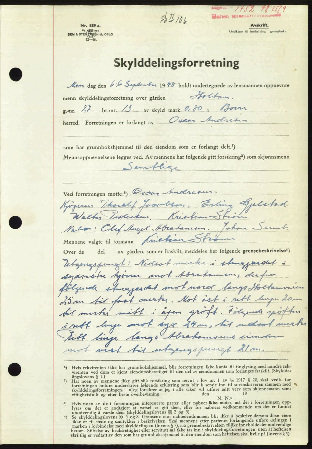 Horten sorenskriveri, AV/SAKO-A-133/G/Ga/Gaa/L0011: Mortgage book no. A-11, 1948-1948, Diary no: : 1452/1948