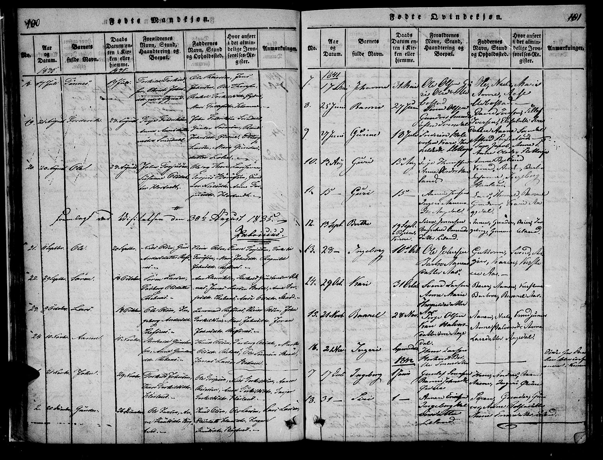 Bjelland sokneprestkontor, AV/SAK-1111-0005/F/Fa/Fac/L0001: Parish register (official) no. A 1, 1815-1866, p. 100-101