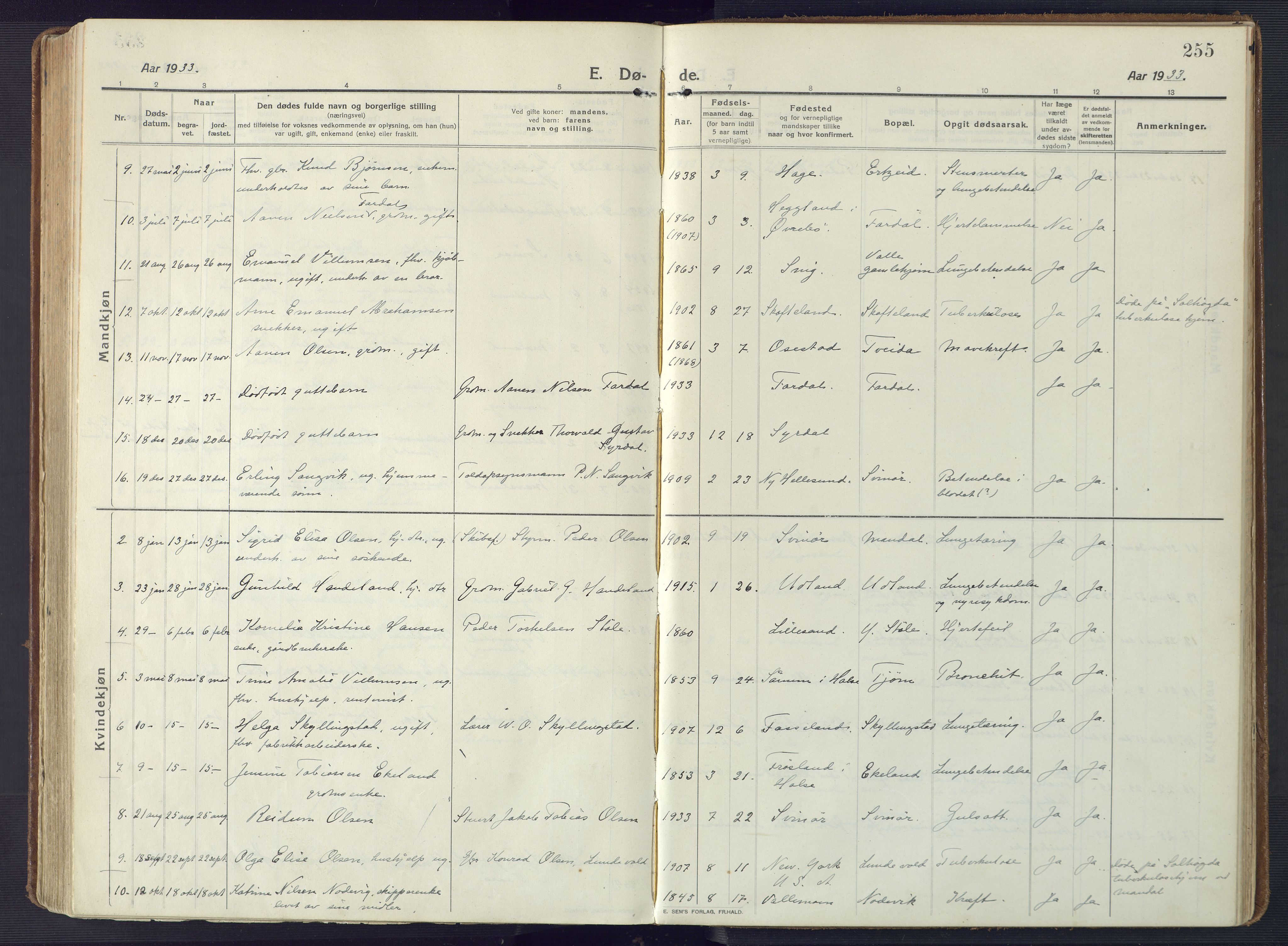 Sør-Audnedal sokneprestkontor, AV/SAK-1111-0039/F/Fa/Fab/L0011: Parish register (official) no. A 11, 1912-1938, p. 255