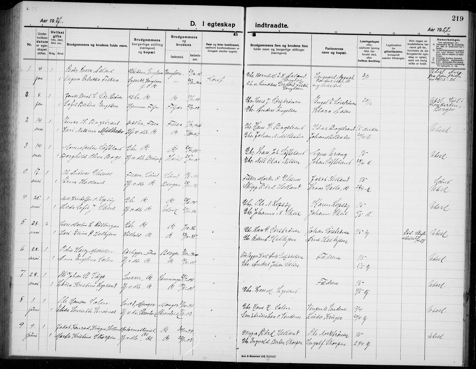 Os sokneprestembete, AV/SAB-A-99929: Parish register (copy) no. A 5, 1923-1941, p. 219