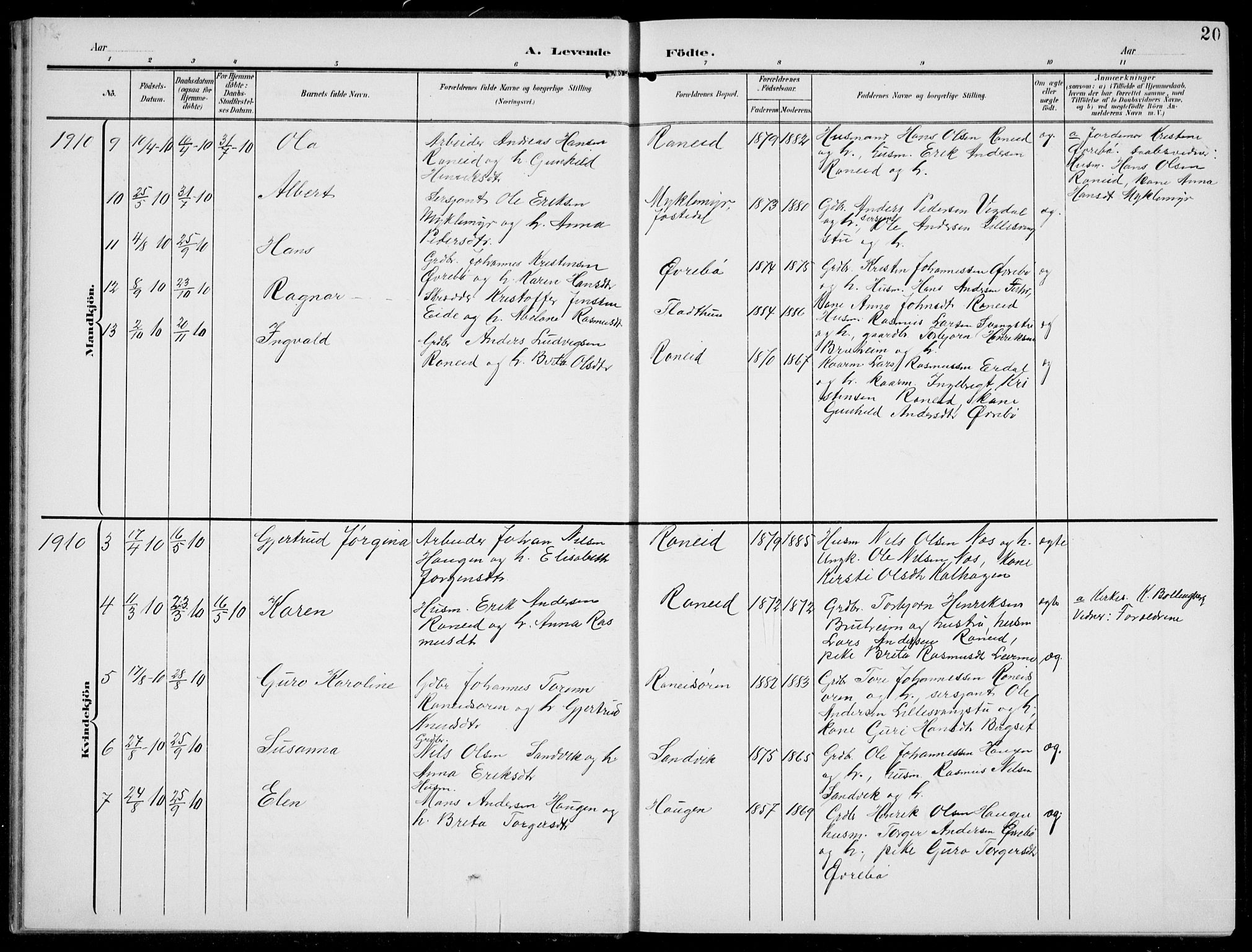 Jostedal sokneprestembete, AV/SAB-A-80601/H/Hab/Habc/L0001: Parish register (copy) no. C 1, 1903-1939, p. 20