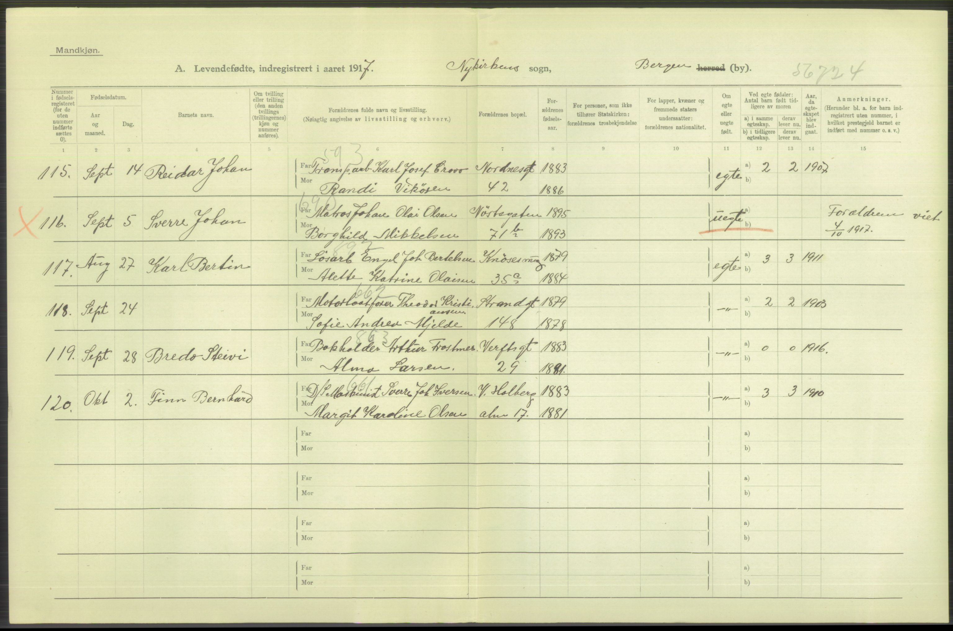 Statistisk sentralbyrå, Sosiodemografiske emner, Befolkning, AV/RA-S-2228/D/Df/Dfb/Dfbg/L0037: Bergen: Levendefødte menn og kvinner., 1917, p. 434